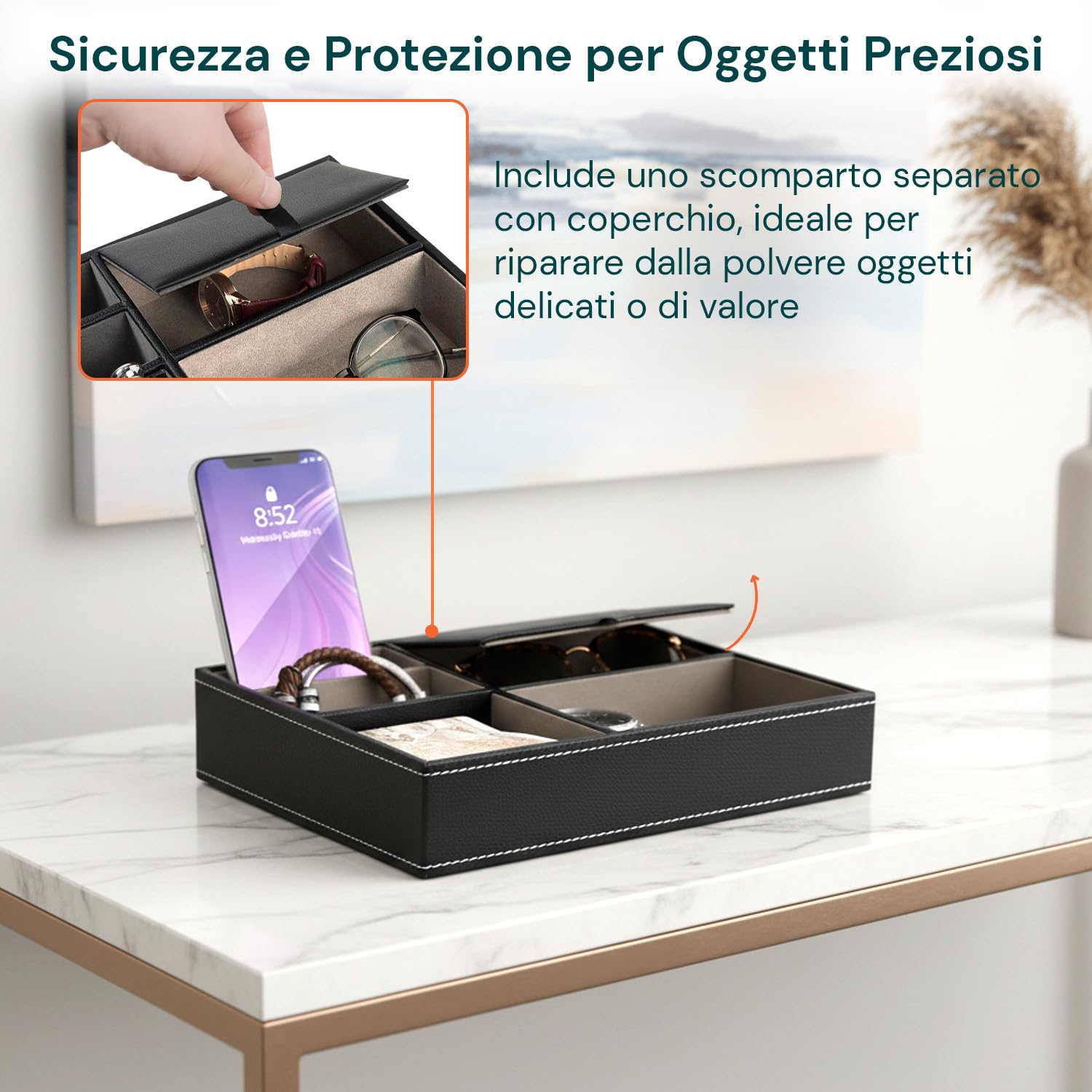 Avilia – Svuotatasche in Similpelle Nera con 5 Scomparti, Organizer da Tavolo Multifunzionale per Camera, Ingresso e Ufficio, Vassoio Portaoggetti Elegante Design Moderno e Interno in Camoscio