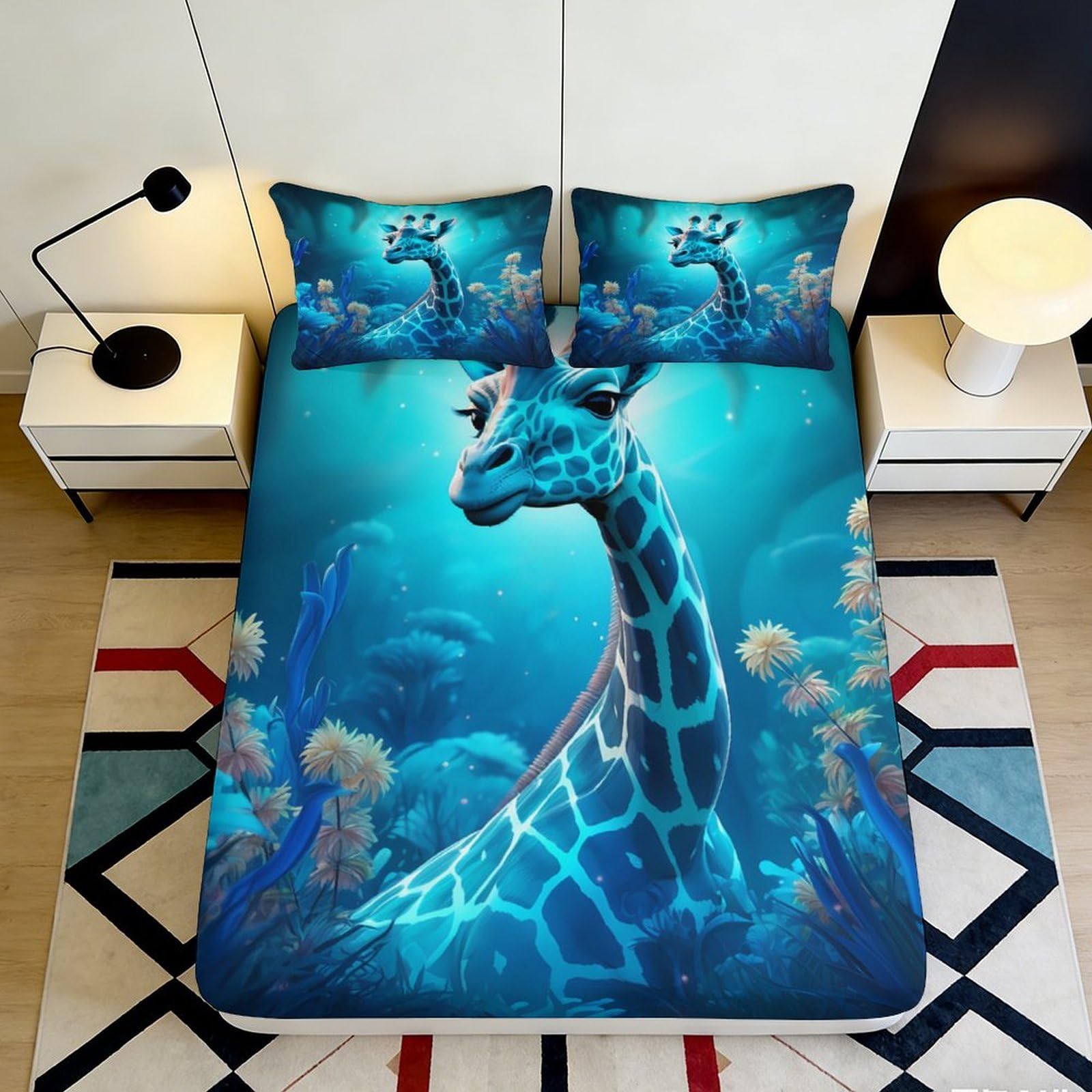 3D Printed Blue Giraffe Fitted Sheet Microfiber Soft Anti-Slip Underwater Jungle Mattress Cover for Bedroom Dorm Decor 160x200x25cm