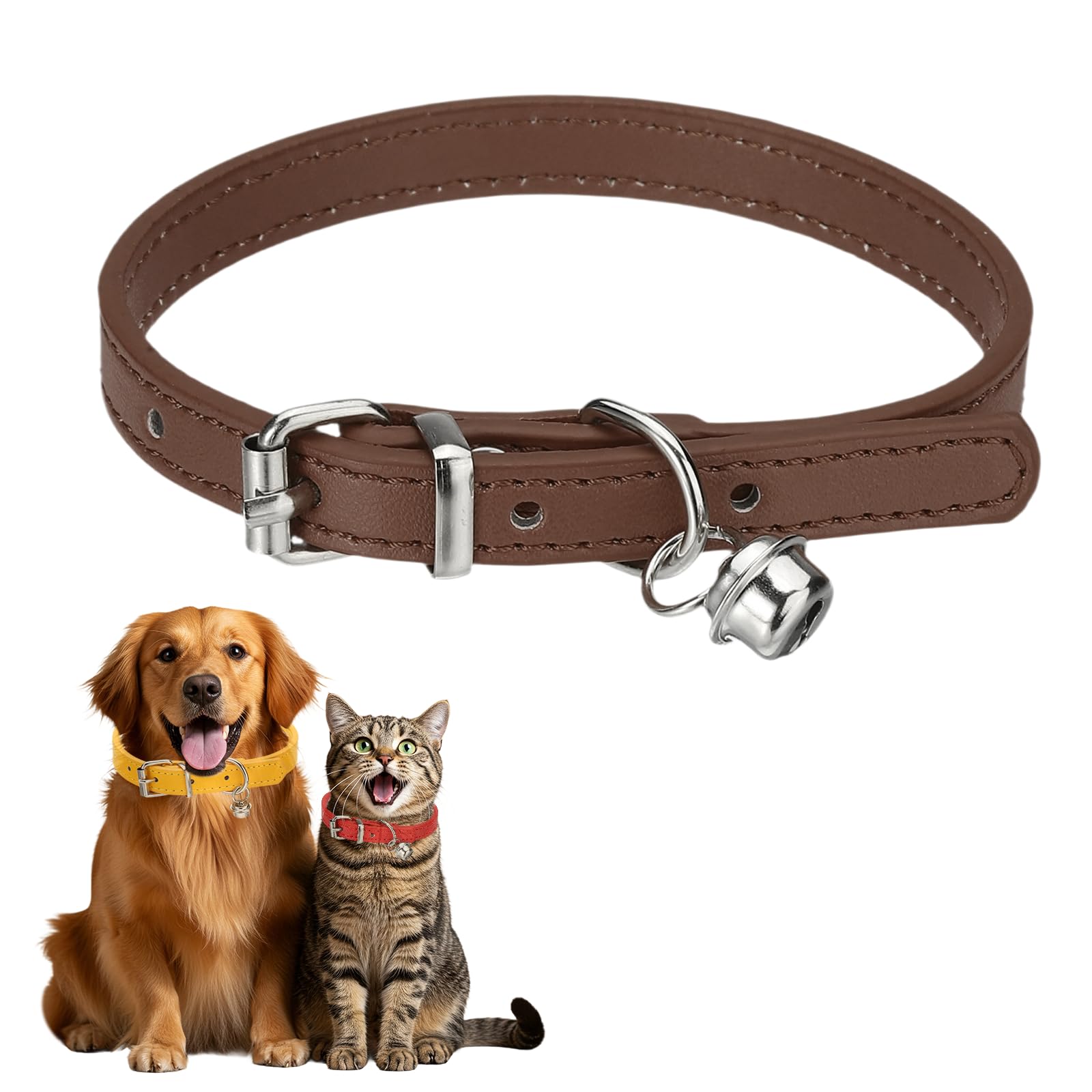 sourcing map Dog Collar with Bell, Pu Leather Cat Collars Pet Basic Soft Padded Adjustable Buckle, 12" (Brown, 1 Pcs), Intended for Teacup/Little Dog/Kitten Cats/Small Animals — image 1