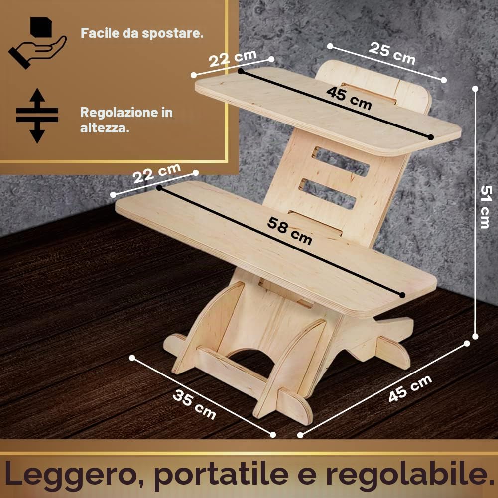 Supporto per computer portatile in legno, con supporto e scrivania in piedi, prodotto in UE
