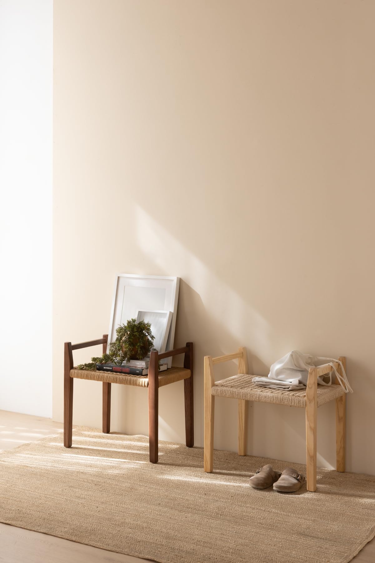Panca in legno di frassino, 60 x 40 x 60 cm, con seduta intrecciata in corda naturale e braccioli, per ingresso, soggiorno e camera da letto