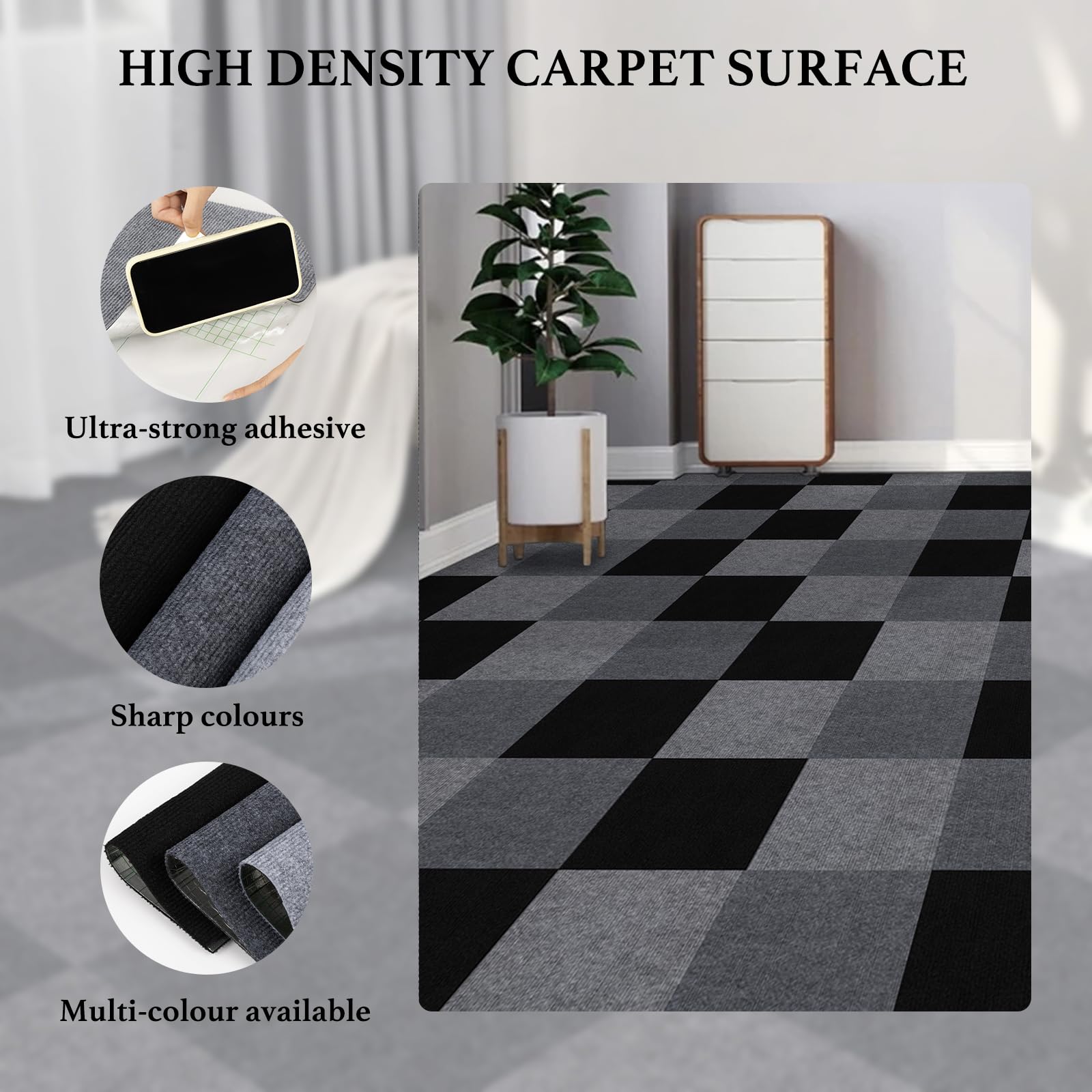 Dalles de moquette autocollantes, carreaux de moquette pour sol, tapis antidérapants pour salon, bureau, chambre, noir, à décoller et à coller, 30 x 30 cm, 20 pièces