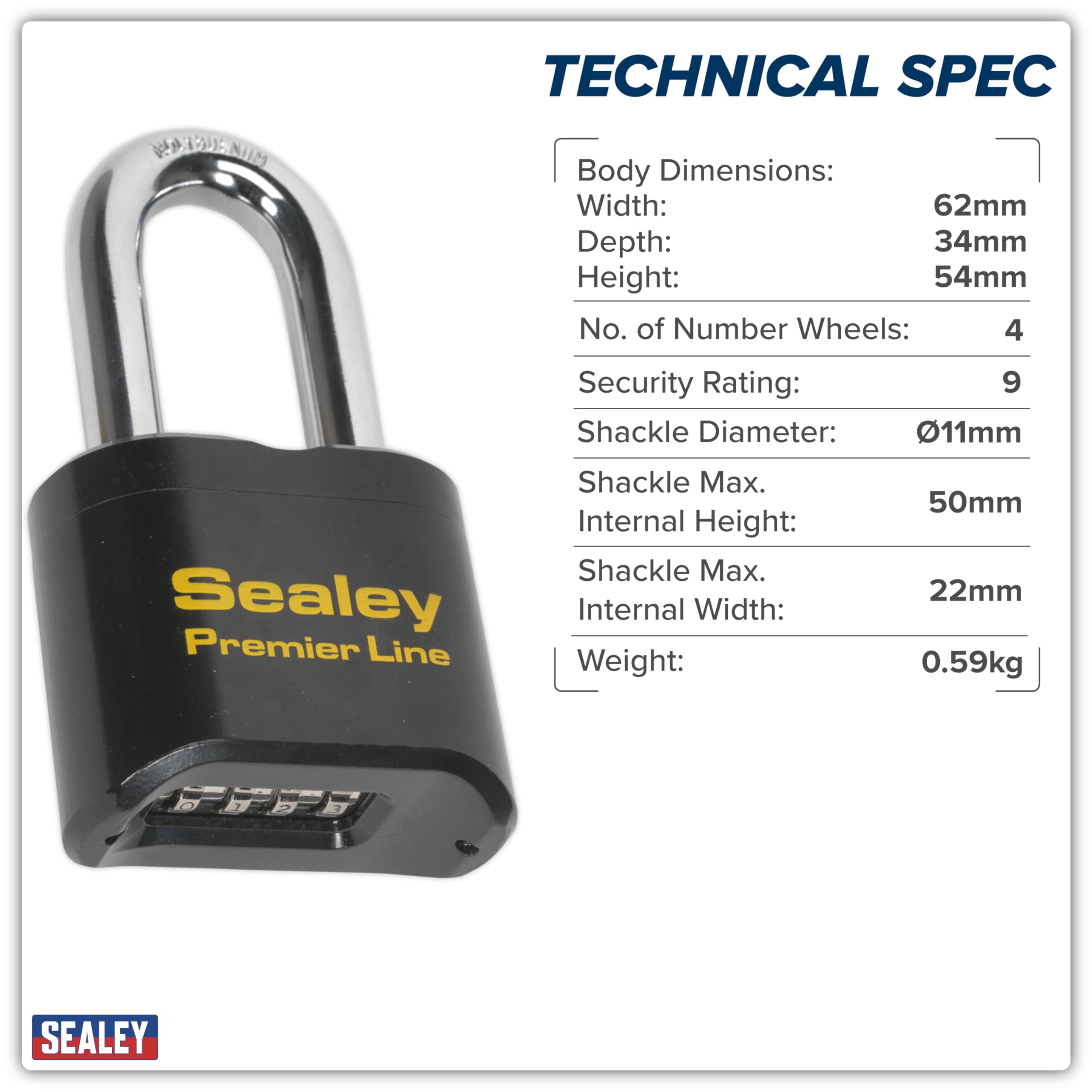 SEALEY pl603l Vorhängeschloss aus Stahl mit langem Bügel 62 mm
