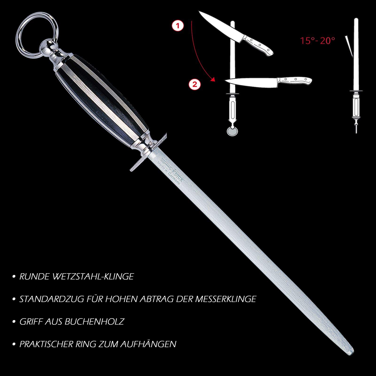 Dick 1905 großes breites Kochmesser 26 cm Set inkl. rundem Standard Wetzstahl 25 cm mit Holzgriff