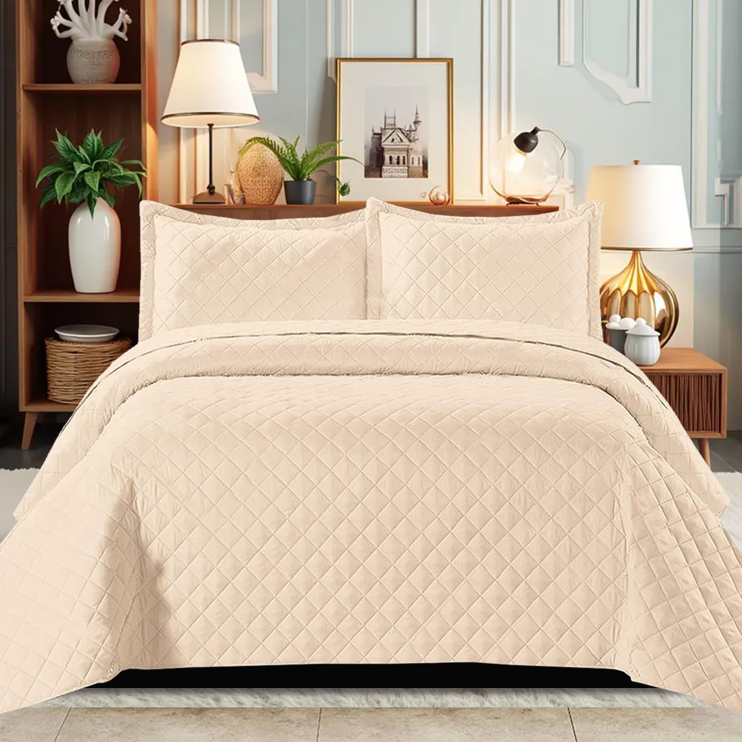 B&B Quilted Bedspread Bed Throws - Luxury Embossed Diamond Check Pattern Reversible Quilt Bedspreads Coverlets for Bedroom Decor with Matching Pillow Shams (Single, Beige)