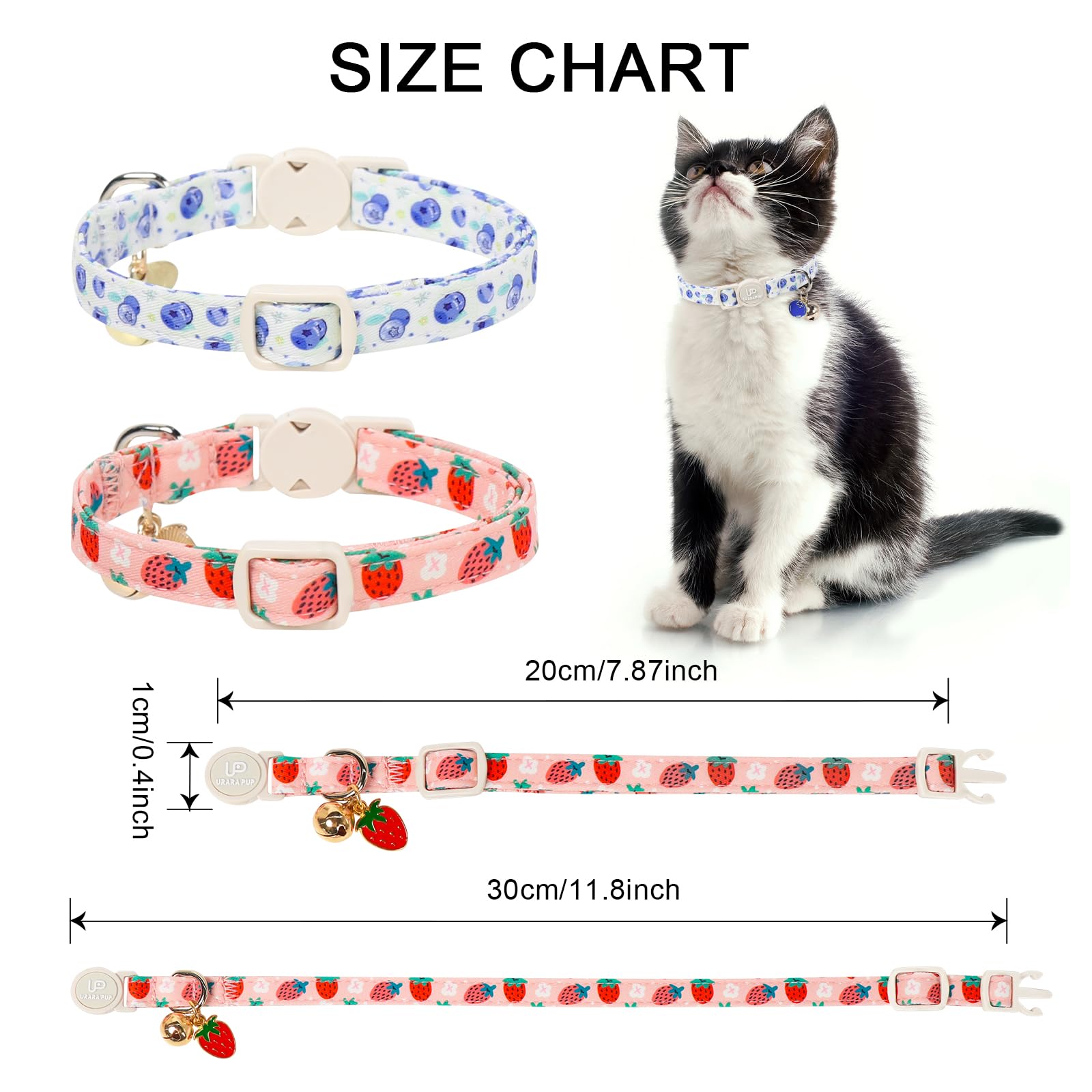 Lot de 2 colliers d'été pour chaton - Pendentif myrtille et pêche - Collier pour chat avec clochette - Pour chat fille et garçon
