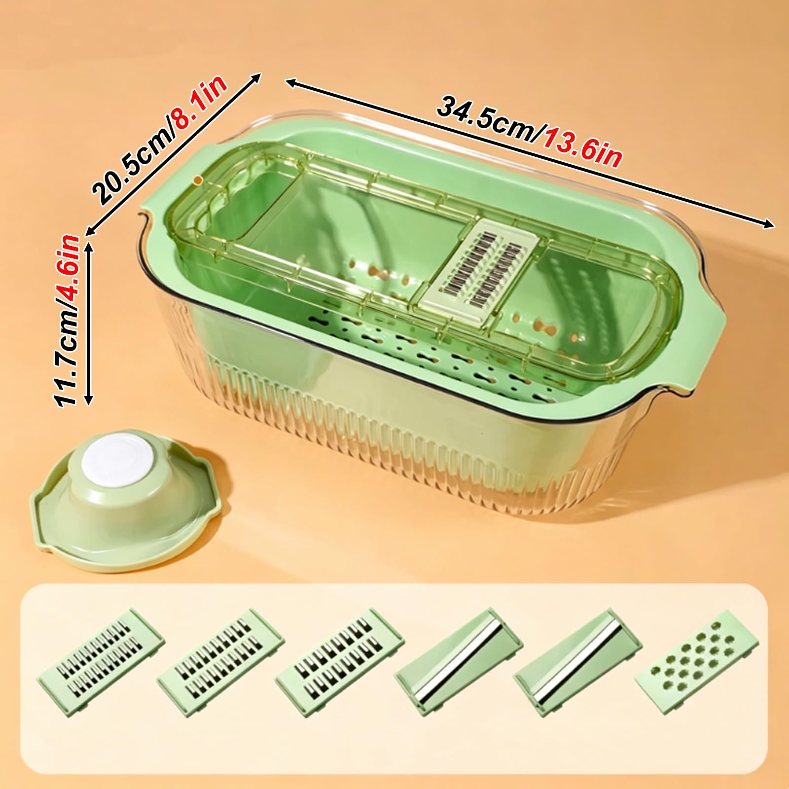 Multifuncional Cortador de Verdura y Mandolina Profesional, Rallador Multifuncional con Seis Herramientas Corte Redondas, Cesta Drenaje Extragrande, Protector Mano Práctico