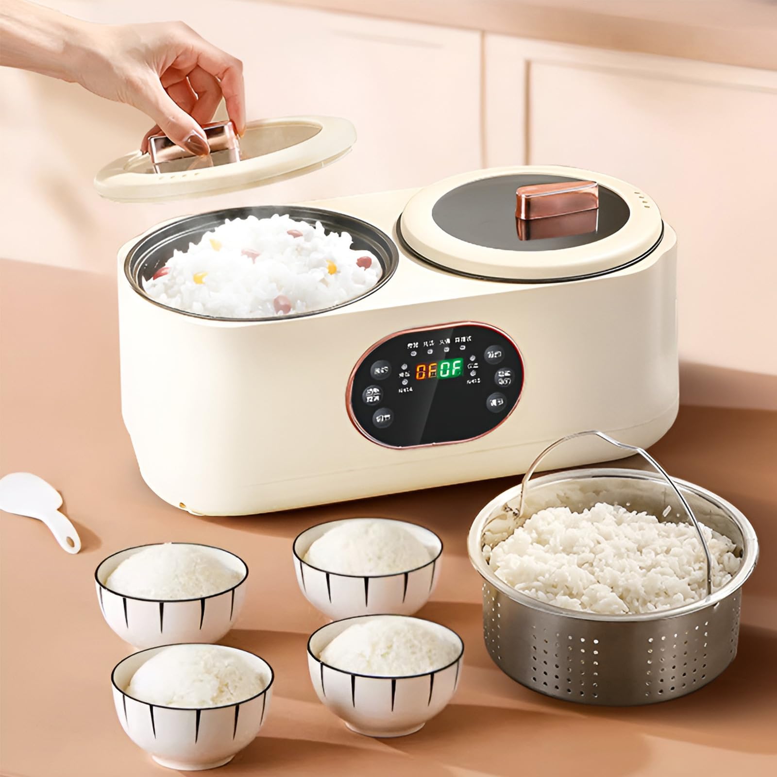 Olla de arroz Multifuncional, Olla Caliente eléctrica Totalmente automática, Olla de cocción Doble, 1.8 l + 1.8 L de Capacidad, 6 Funciones, se Pueden programar y Mantener el Revestimiento Caliente