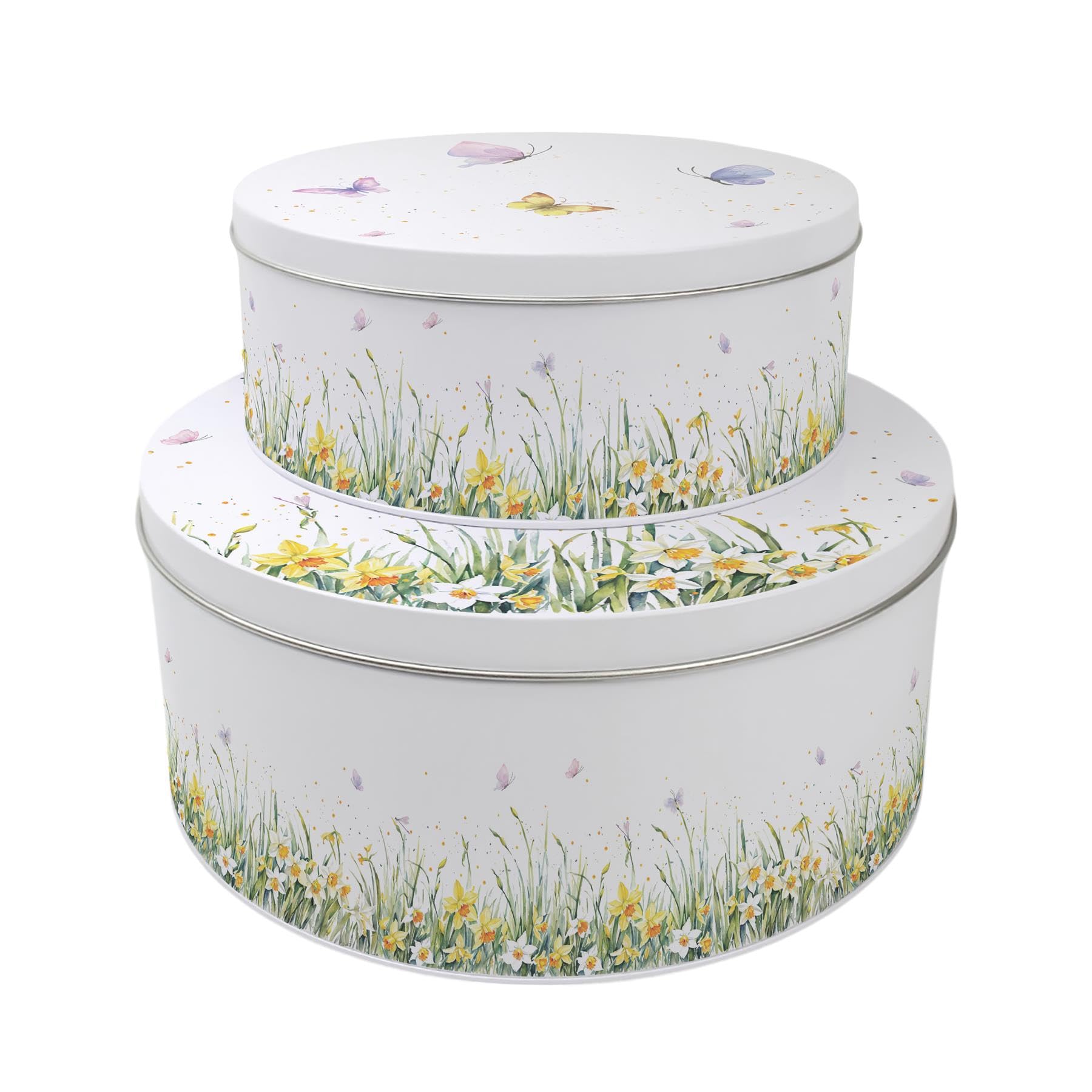 Purely Home Springtime Daffodils Set of 2 Cake Tins - Nesting Round Large & Medium Metal Storage Containers for Cakes and Baking - Homeware Gifts