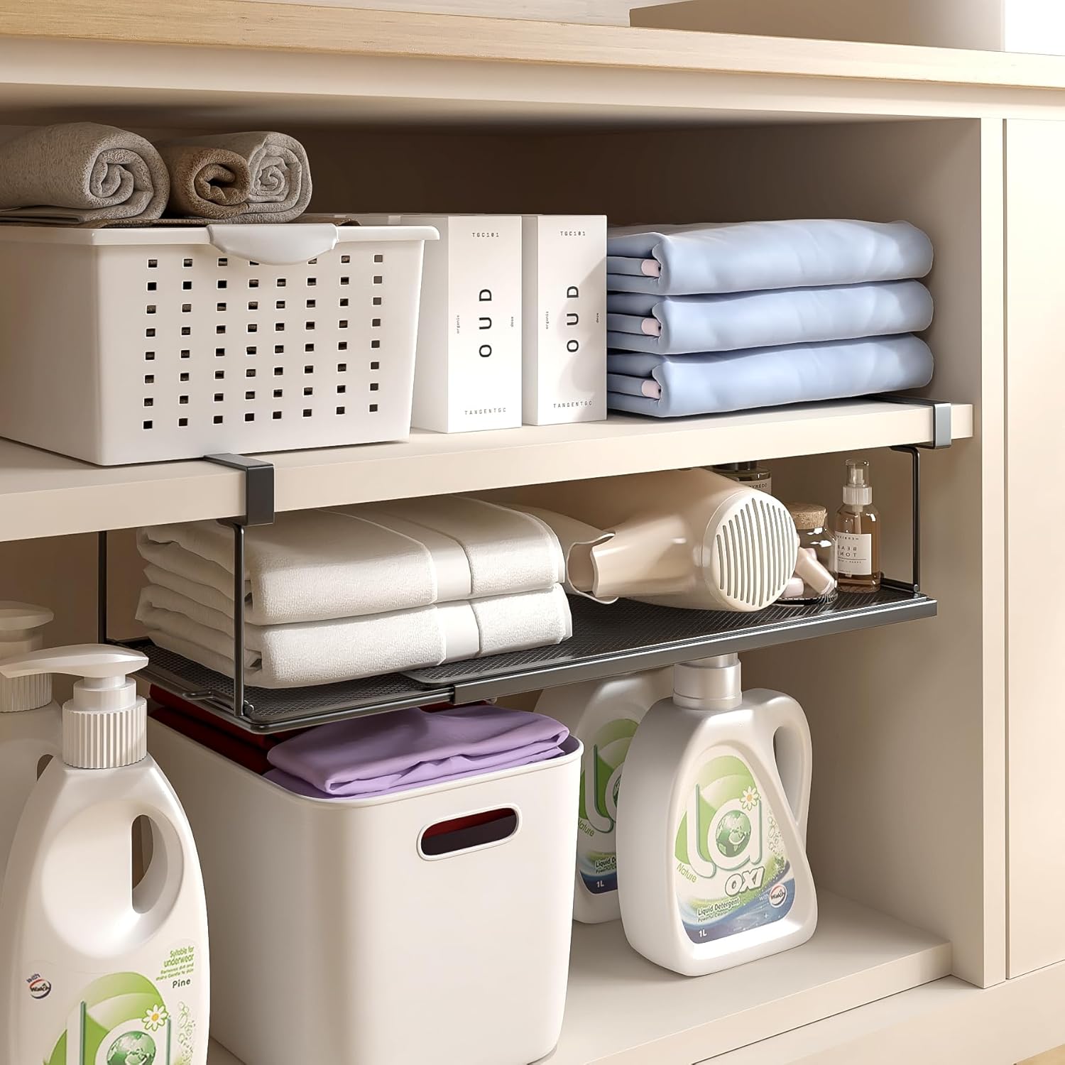 Expandable Under Cabinet Shelf, Extendable Under Shelf Storage with 0.94 Inches Thick Clips for Shoe Rack, Pantry Cabinet, Laundry Room. (Black, 1 Pack, Interior: 6" H x 8.26" D)