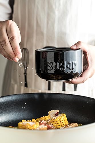 Miniatura 8 de LYEOBOH Azucarero negro con tapa y cuchara, tarro de azúcar de 17 onzas, recipiente de azúcar para barra de café, tarro de cerámica con tapa,