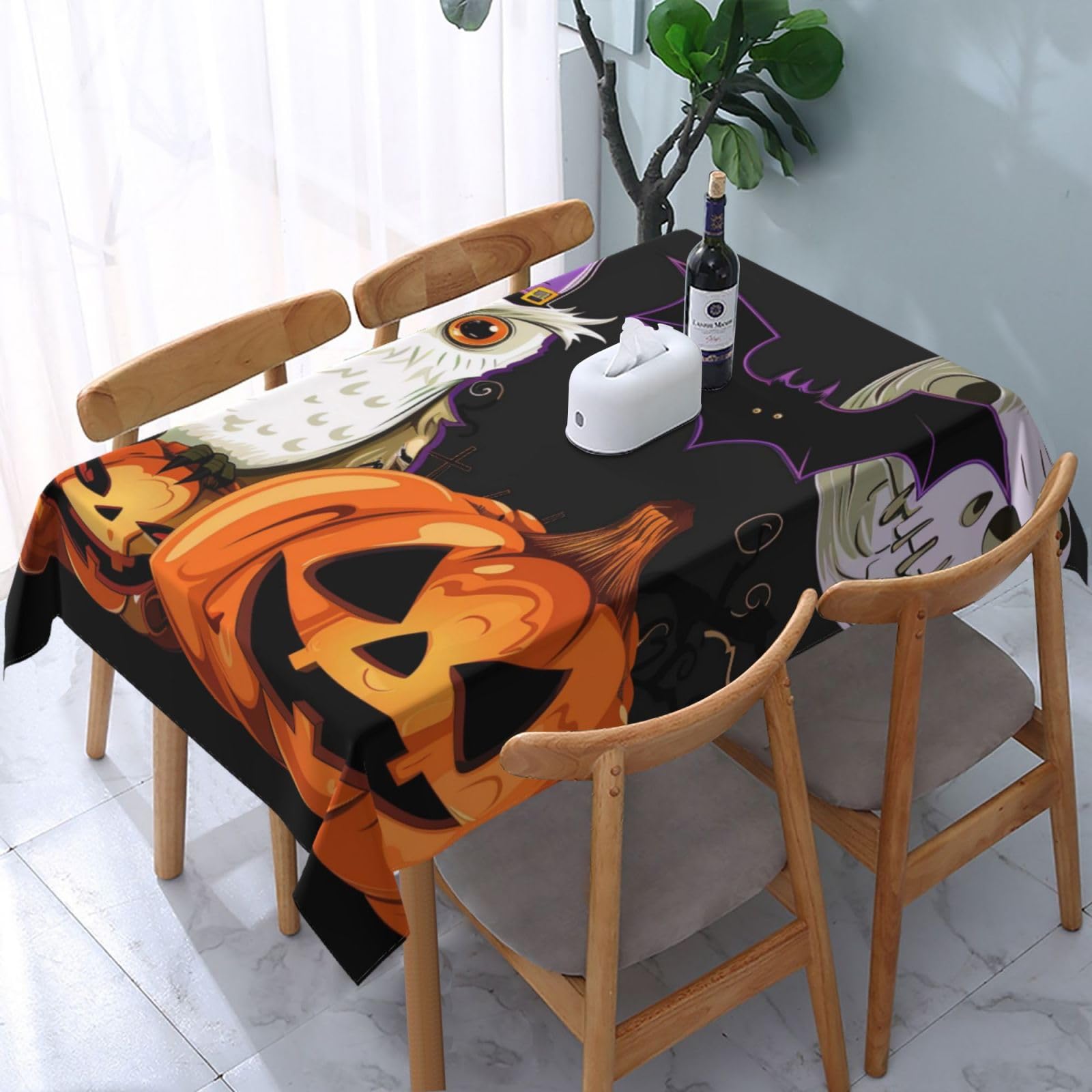WPKJU Halloween Owl Ghost Pumpkin Printed Tablecloth Water Resistant Table Cover Washable Rectangle Table Cloth for Tables 54x72 in