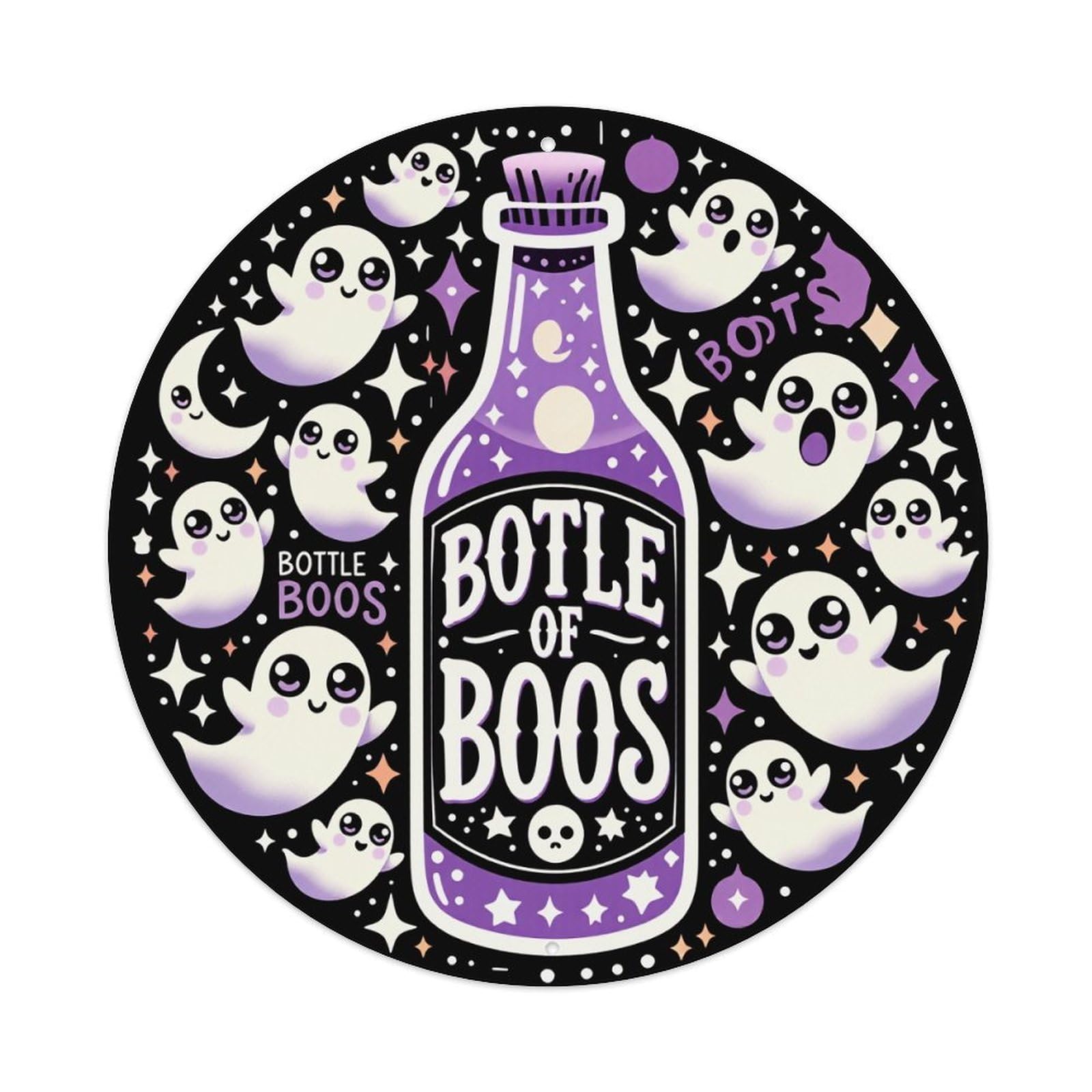 Bottle Of Boos Ghosts Stars Round Tin Sign Vintage Style Metal Sign Home Bar Garden Wall Plaque Decor Metal Poster 8x8 Inch