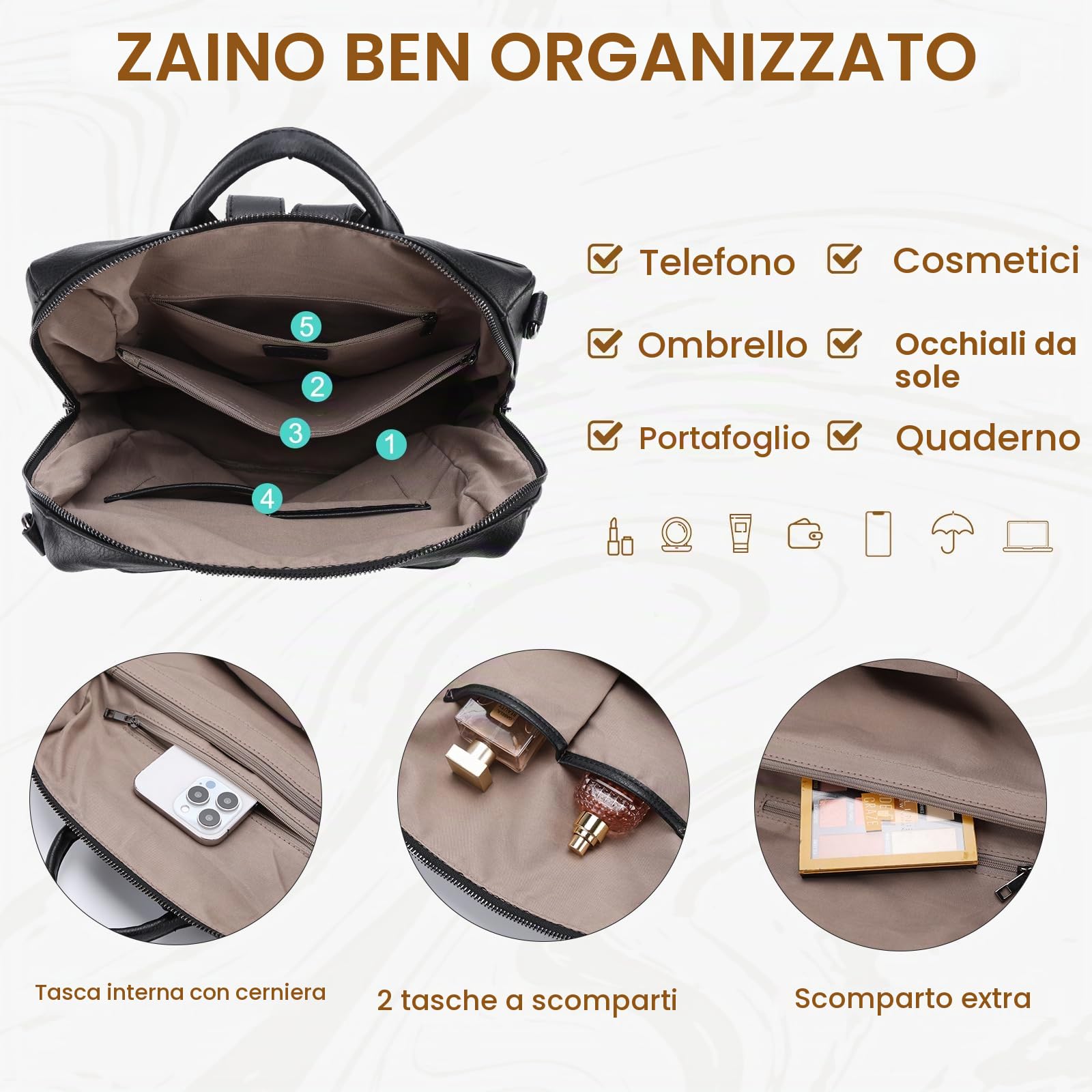 VASCHY Zaino Donna con Portafoglio,Zainetto Donna Pelle Borsa Zaino Donna Elegante Zaini da Donna Grande Zaino da Viaggio/Lavoro/Scuola/Università Nero