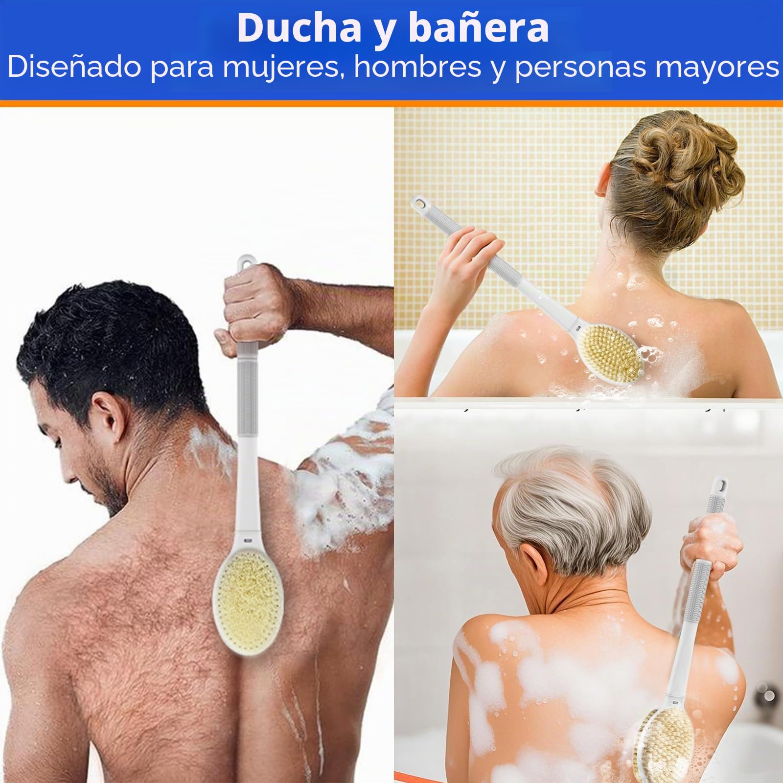 elzle Cepillo Espalda Ducha,44 cm Cepillo Ducha Espalda de Doble Cara con Cerdas Rígidas y Suaves para Mujeres, Hombres y Personas Mayores,Gris