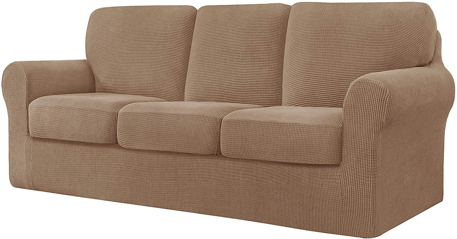 WJHDWYD 7 Pieces Stretch Sofa Cover, Sofa Cover with Three Separate Backs and Cushions with Elastic Band, Checked Spandex Jacquard Fabric(Cammello,3 posti (185-235 cm))