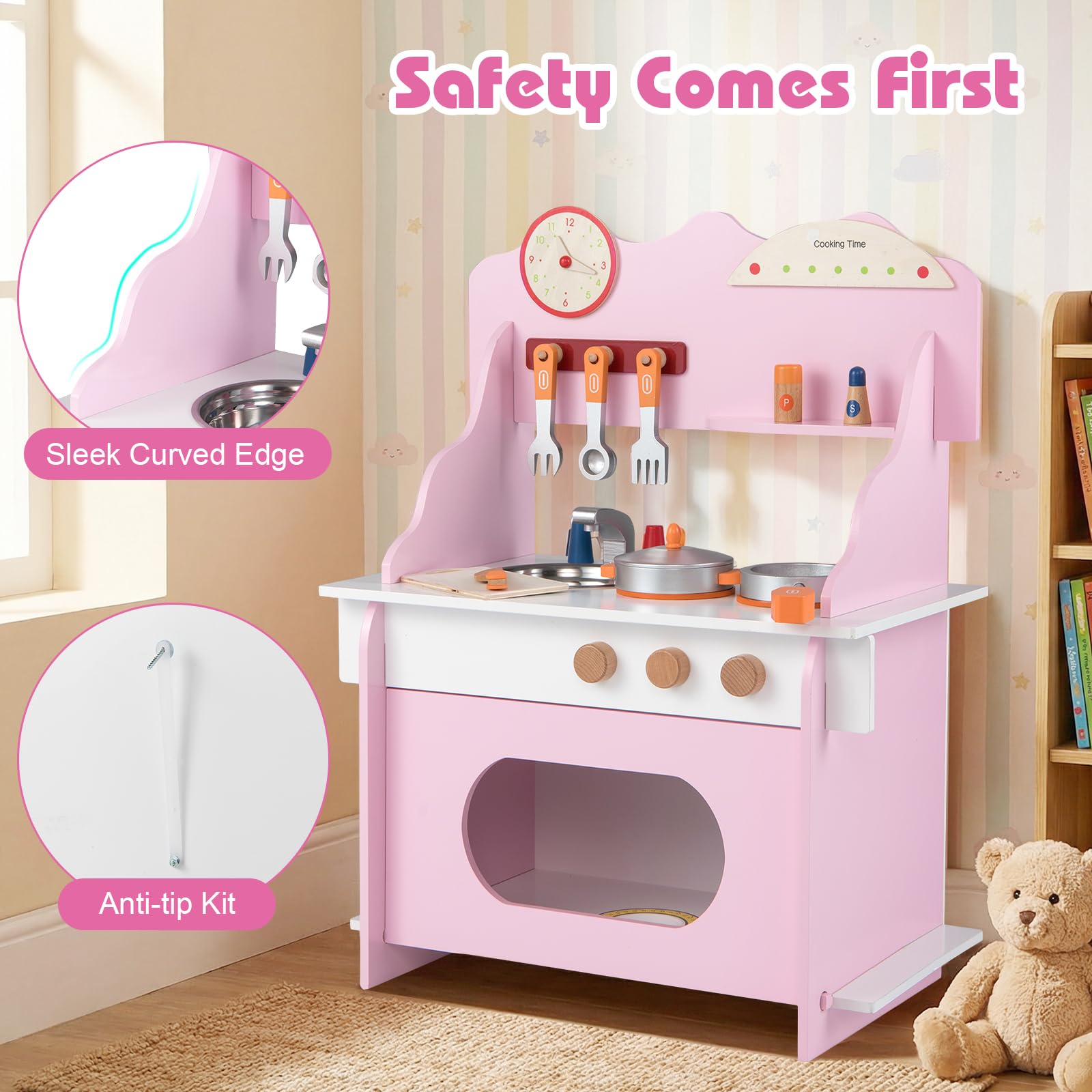 FANTASK Cucina per bambini in legno con orologio e accessori da 12 pezzi, cucina giochi con fornello/fornello/lavello e portaspezie, cucina giocattolo per bambini dai 2 anni in su (rosa)