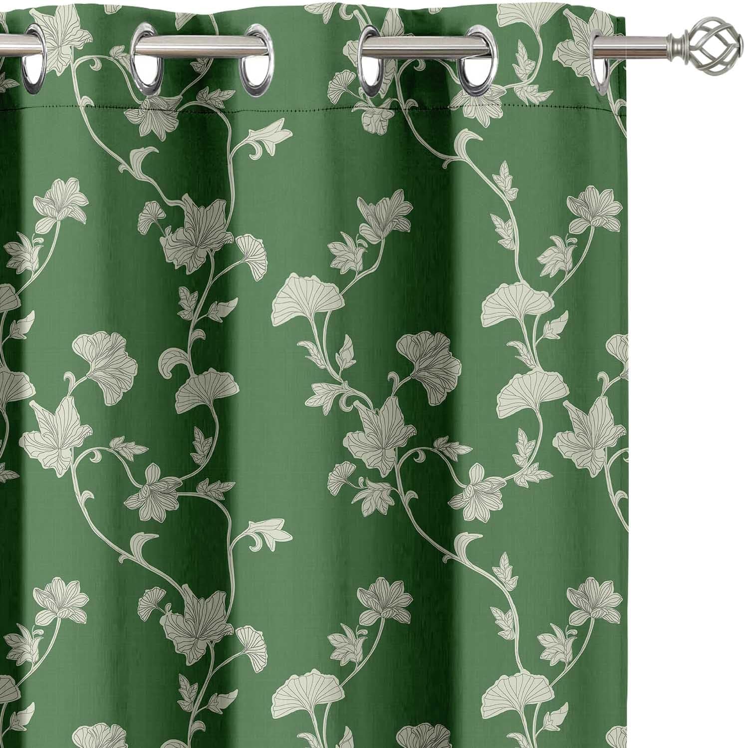 Room Darkening Curtains - Mini Leaf Trail Pattern, Set of 2 Panels, 42" x 63" - Grommet-Top Blackout Window/Door Drapes for Bedroom, Nursery & Living Room - Green