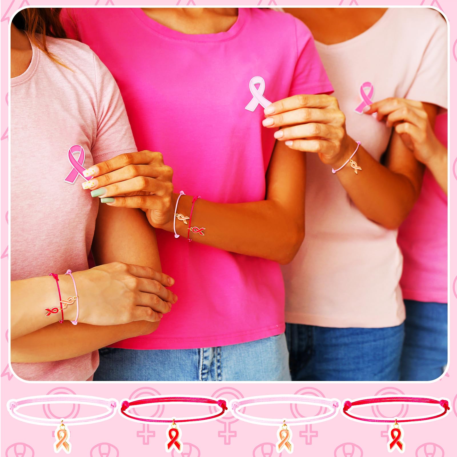 Huquary 100 spille per la sensibilizzazione sul cancro al seno, braccialetto intrecciato con nastro regolabile, spilla smaltata, accessori ispiratori, regalo per donne, combattente contro il cancro