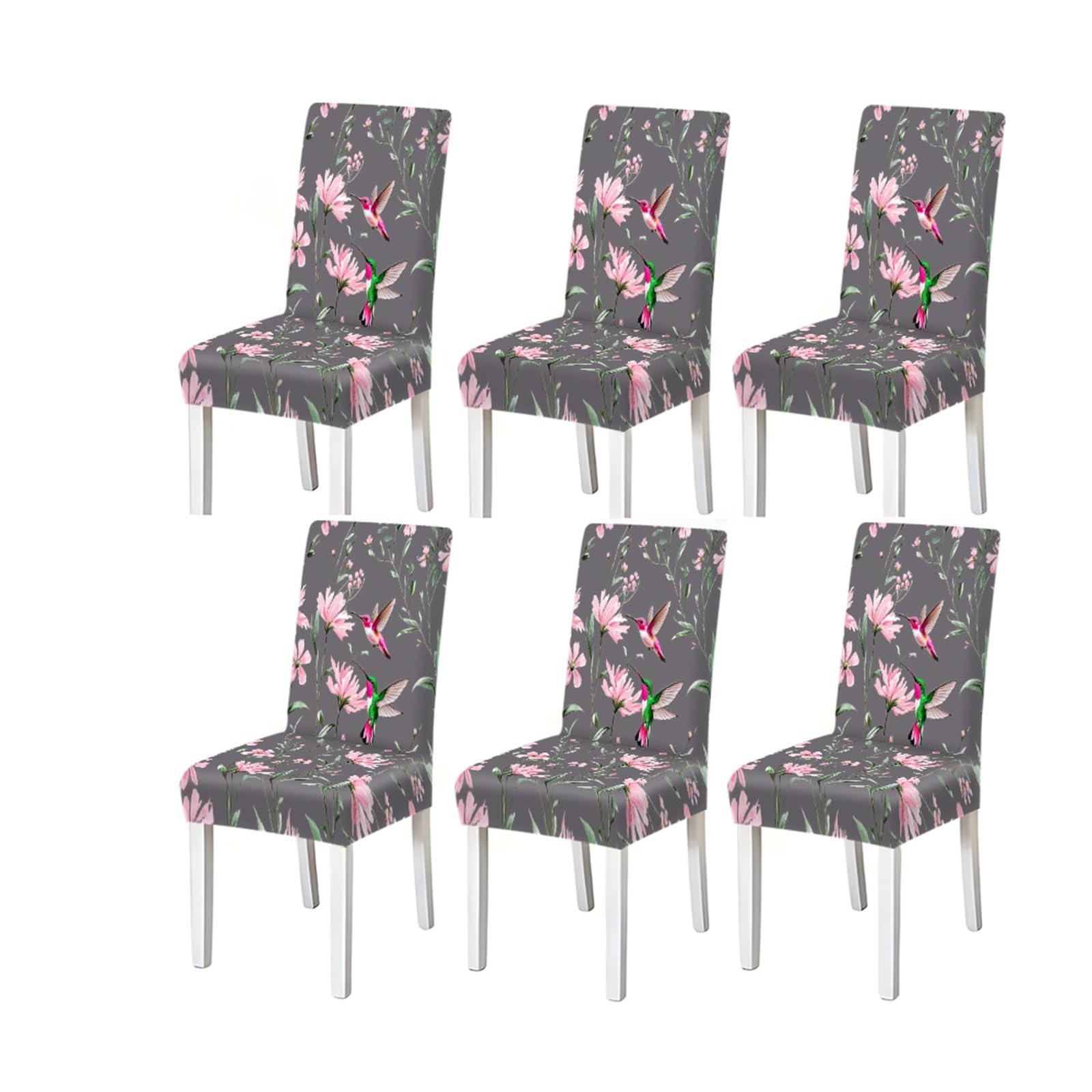 KXUAUV Gray Background Hummingbird Floral Pattern Print Dining Chair Covers Set Of 2/4/6, Stretch Slipcovers For Kitchen Dining Room Seat Protectors for Restaurant Hotel Party(6PCSChair cover)