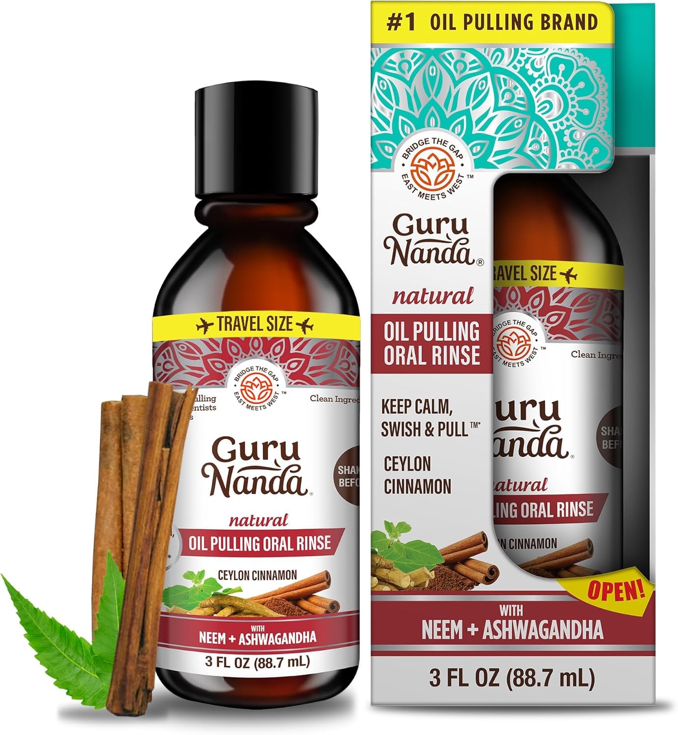 GuruNanda Cinnamon Oil Pulling Travel Sized Mouthwash, Promotes Calmness, with Neem & Ashwagandha for Fresh Breath & Happy Gums, Alcohol-Free, TSA-Friendly, 3 Oz