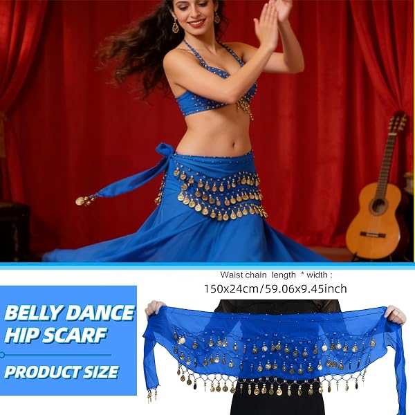 Ceinture Danse Orientale Femme Écharpe de Hanche de Danse du Ventre Foulard avec 90+ Pièces d'or Costume Accessoires Écharpe Déguisement, pour Spectacles, Fêtes, Mousseline, 140 cm Long - 3