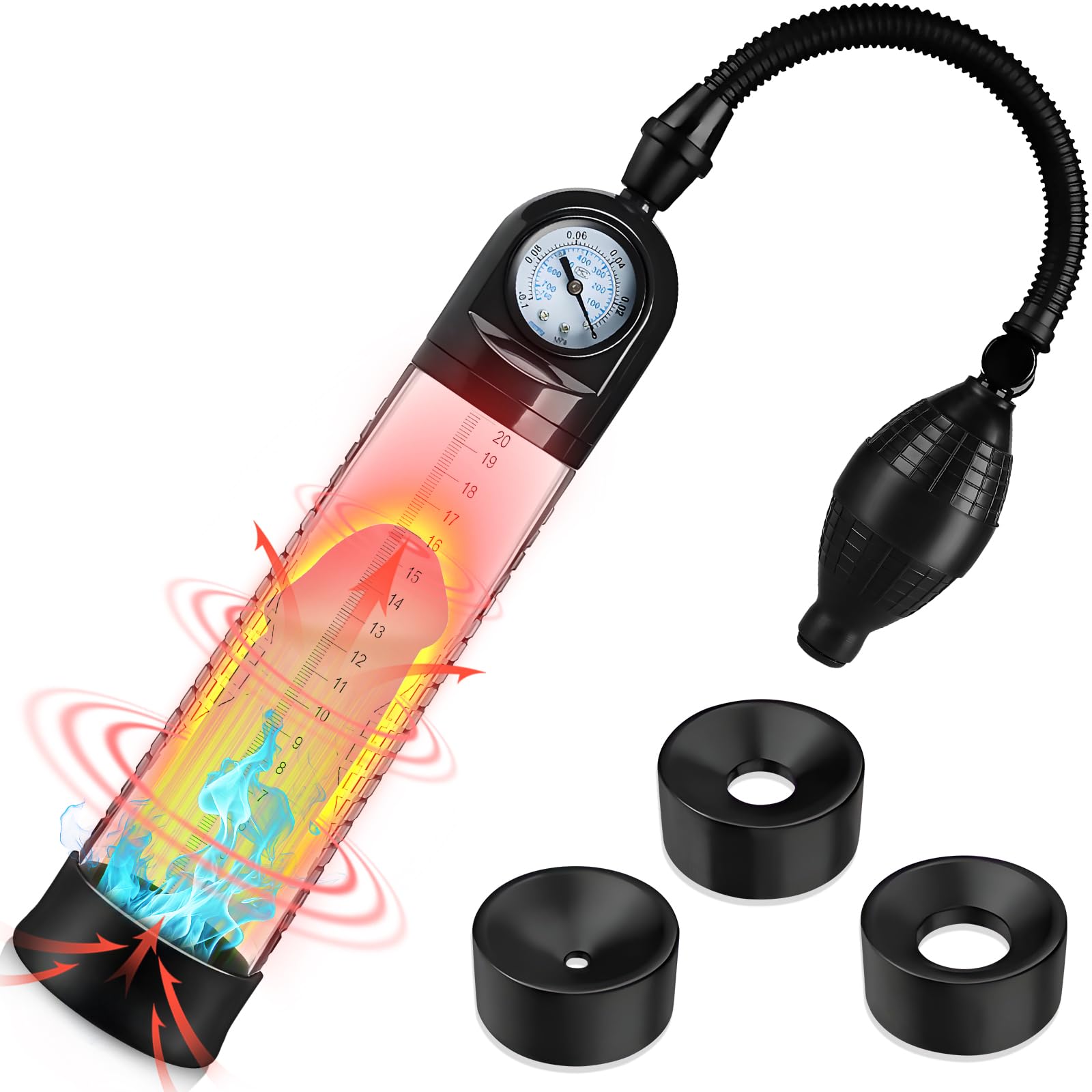 Sex Toýs Homme Pompes à Pénis avec Jouet en Silicone et 3 Gaines Pompe Penis Manuelle avec Manomètre et Échelle Extenseur de Pénis Masculin pour Agrandir Son Pénis Agrandisseur de Pénis (Negative,C)