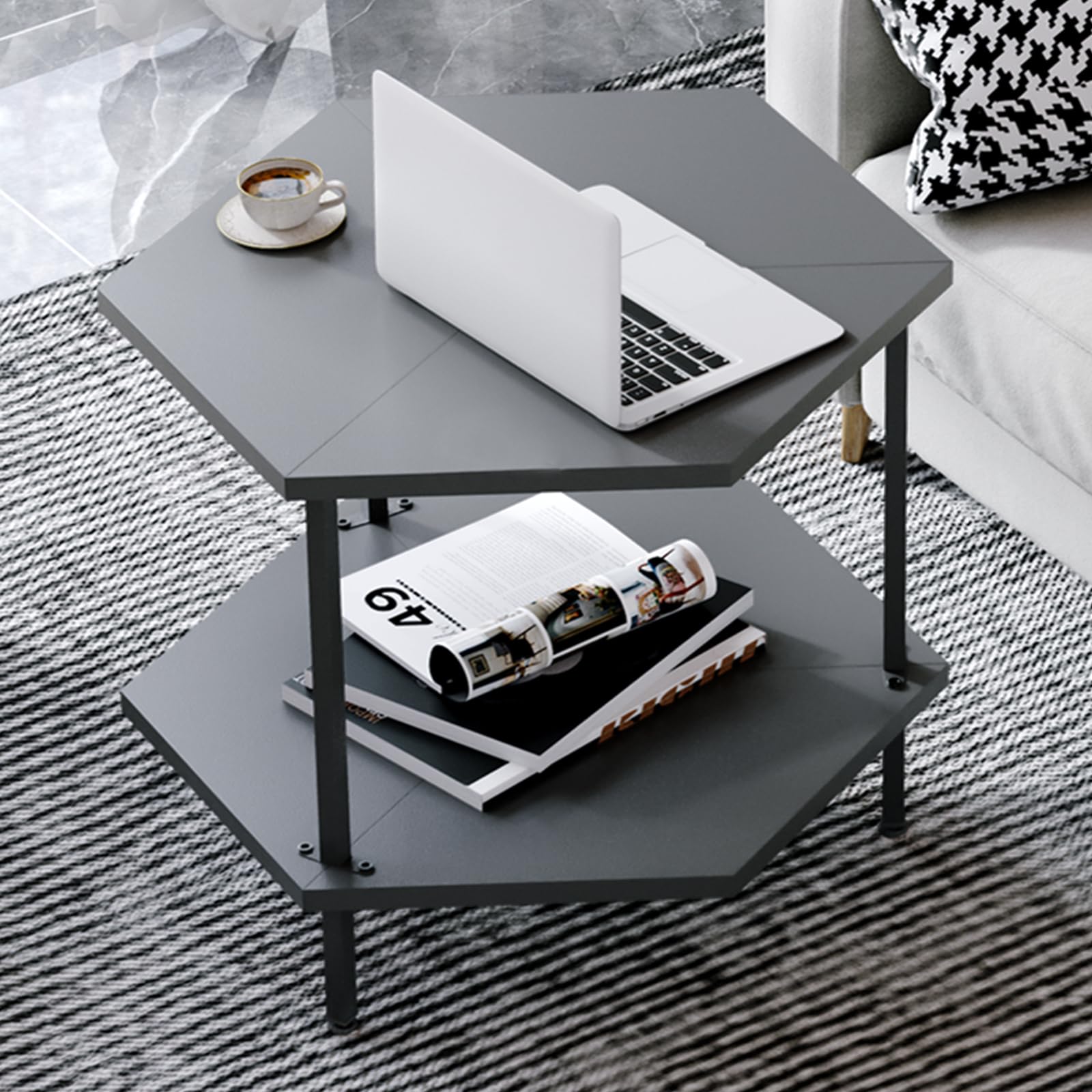 MARTY Small Coffee Table with Storage Shelf 2-Tier Black Hexagonal Wood Center Table for Living Room Modern Narrow Side End Table with Metal Frame Accent Cocktail Table for Home Office