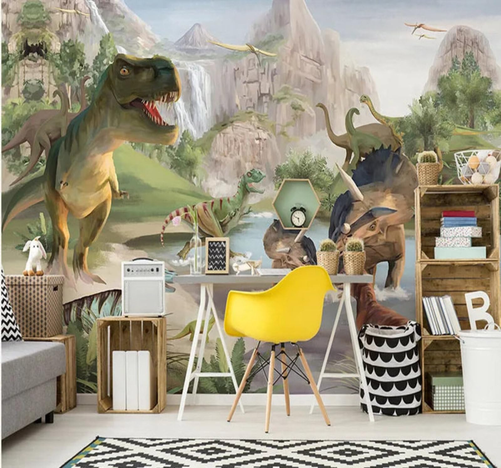 Tzxztt Cartoon Dinosaur Fresh Mountain River Modern 3D Wallpaper Premium Textured Silk Neutral Tones Material Ideal for Living Room Bedroom-430cm×300cm
