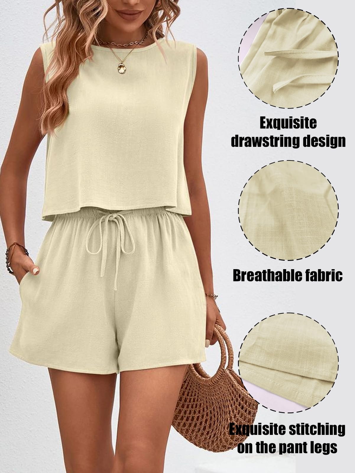 Conjunto Chándales Para Mujer Conjunto Chándale de Verano de sin Mangas Casual para Mujer Conjuntos Deportivo de Verano de Lino Chaleco sin Mangas y Pantalones Cortos de Cintura Alta