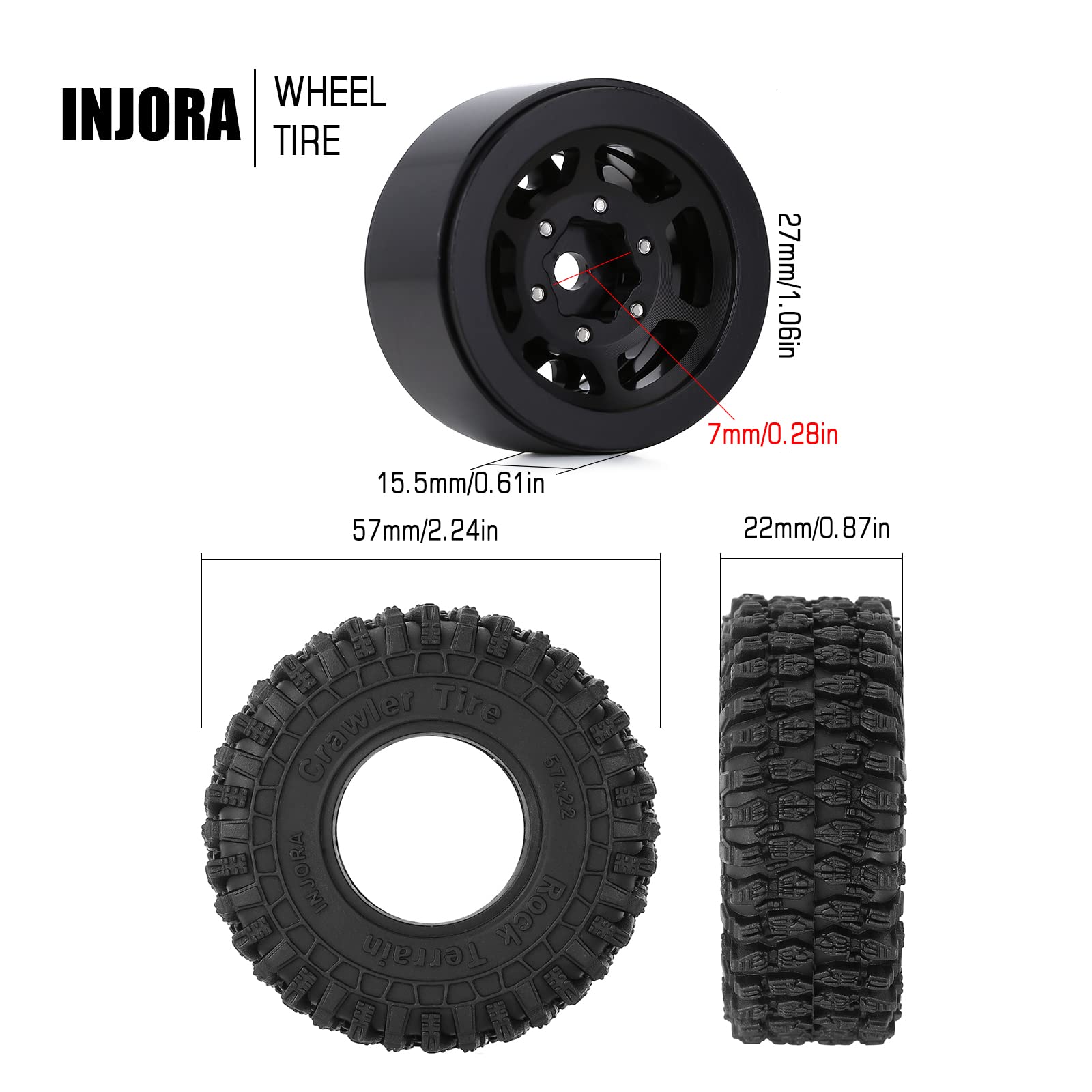 Roues Et Pneus 1.0" INJORA Pour RC Crawler Axial SCX24 - Jantes Aluminium, Caoutchouc Souple - 4PCS - 9