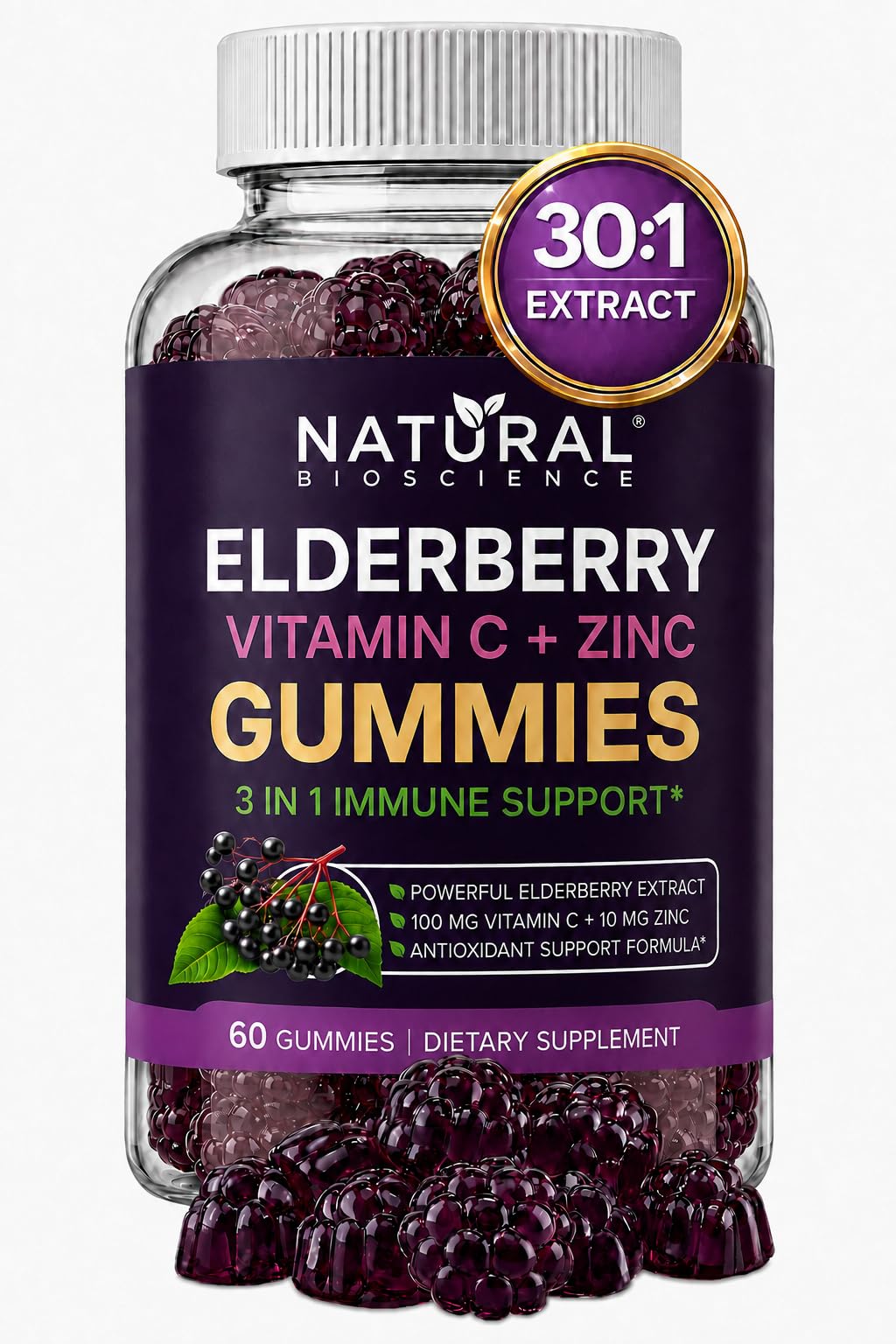 Sambucus Elderberry Gummies with Zinc and Vitamin C - Elderberry Gummies from Real Black Elderberry Extract for Kids & Adults, Natural Herbal Supplement, Immune Support, Gluten-Free, Vegan, 60 Gummies 60 Count (Pack of 1)