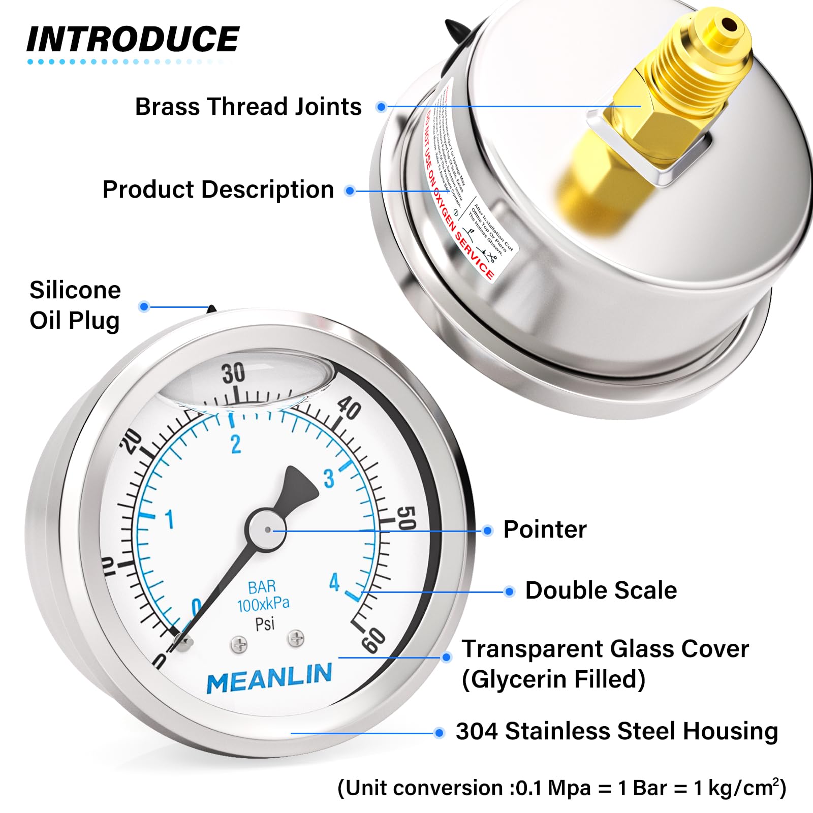 MEANLIN MEASURE 0-4BAR/60Psi Edelstahl 1/4" BSP 2.5" FACE DIAL Flüssigkeitsgefülltes Manometer WOG Wasser Öl Luft Rückwandmontage, mit 1/4" x 1/2" BSP und 1/4" x 3/8" BSP Sechskantbuchse