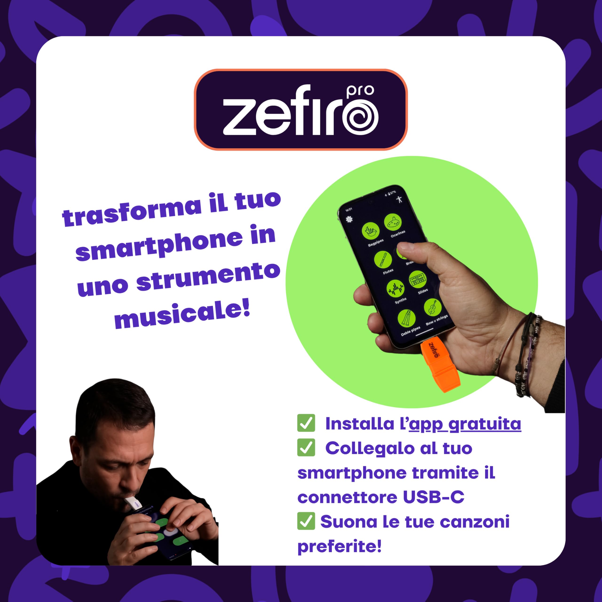 ARTinoise zefiro - Strumento Musicale USB-C per Smartphone | Controller MIDI Portatile con Controllo a Fiato | App Gratuita per Musicisti e Creativi