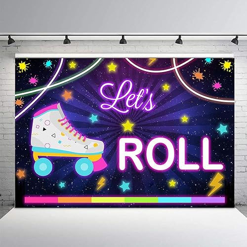 Miniatura 3 de Let's Roll - Fondo de cabina de estudio fotográfico de cumpleaños, patinaje sobre ruedas, decoración de fiesta de arcoíris neón para niñas, telón de
