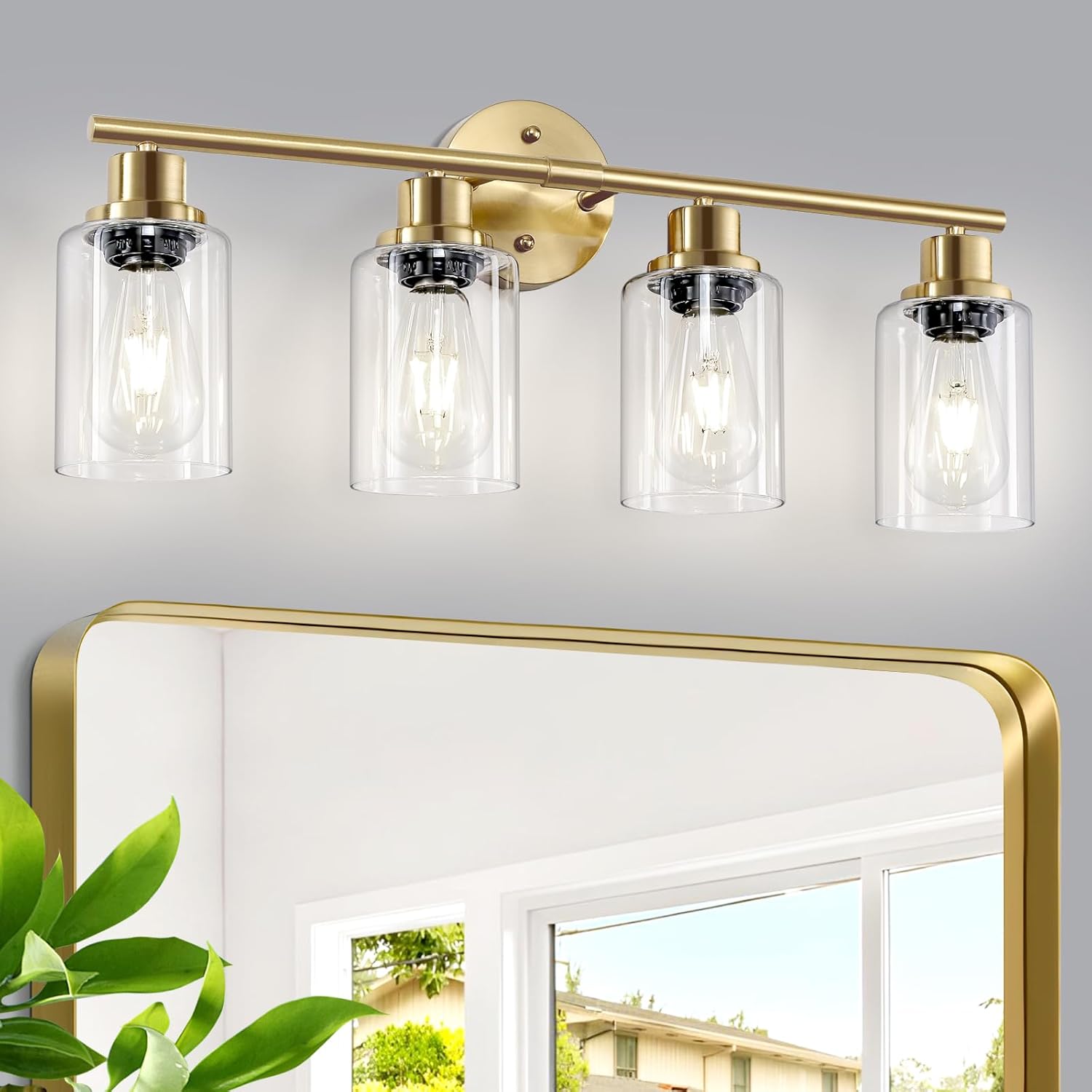 4-Light Gold Bathroom Light Fixtures, E26 Modern Vanity Lights for Bathroom with Clear Glass Shade, Wall Lamps for Mirror Hallway Kitchen Cabinet Living Room Sconces Lights Gold 4-Light