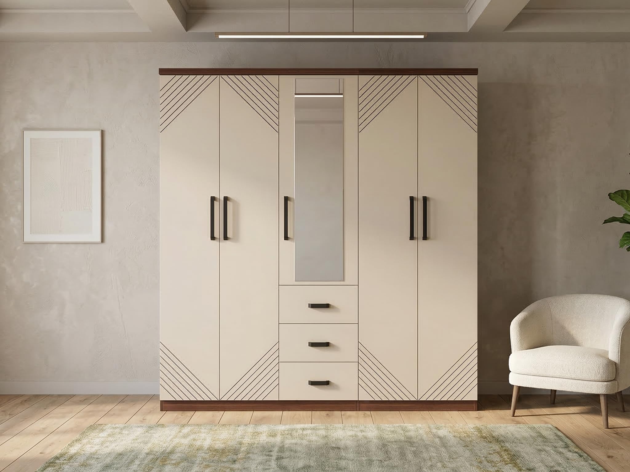 Purple Verna Cream 5 Door Wardrobe with Mirror & Drawer | Modern Bedroom Storage Wardrobe | Engineered Wood-image-21