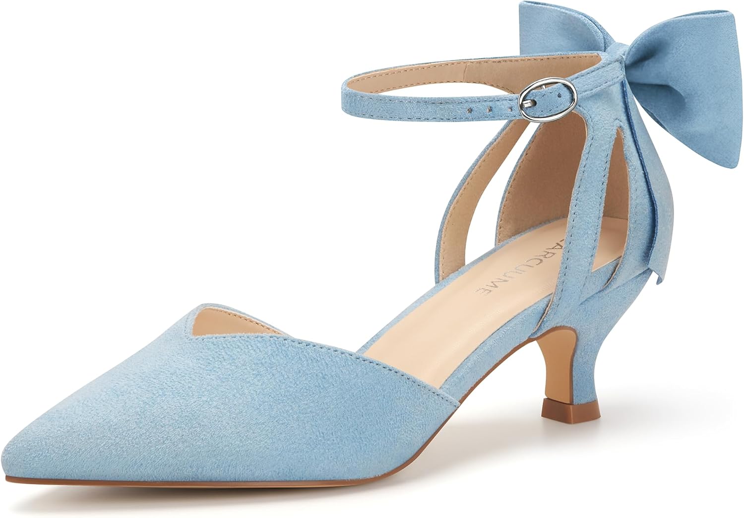 Carcuume Women's Kitten Heels with Bow Closed Toe Sandals Ankle Strap Wedding Pump Shoes
