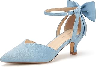 Carcuume Women's Kitten Heels with Bow Closed Toe Sandals Ankle Strap Wedding Pump Shoes