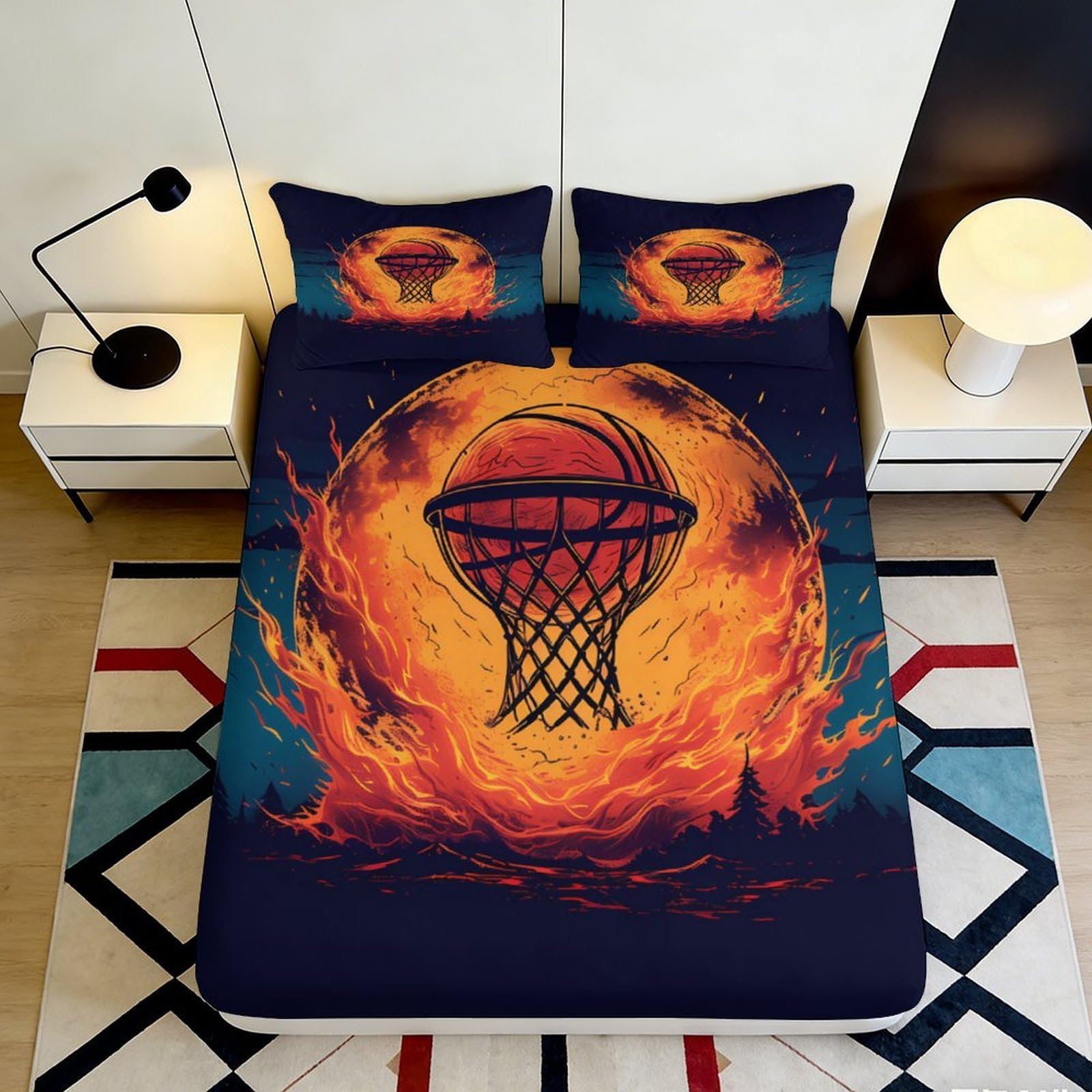 3D Printed Flaming Basketball Fitted Sheet Microfiber Soft Breathable Fireball Bed Cover for Bedroom Dormitory Guest Room Mattress Protection Decor 180x200x25cm