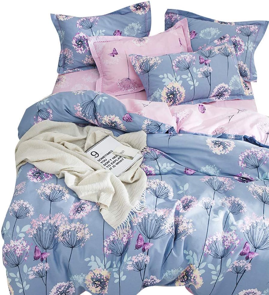 BuLuTu 3 Pieces Girls Duvet Cover Set Twin Kids Blue/Purple/Pink Cotton,Dandelion Butterfly Print Reversible Bedding Sets Twin Comforter Cover 2 Pillow Shams,Super Soft,No Comforter