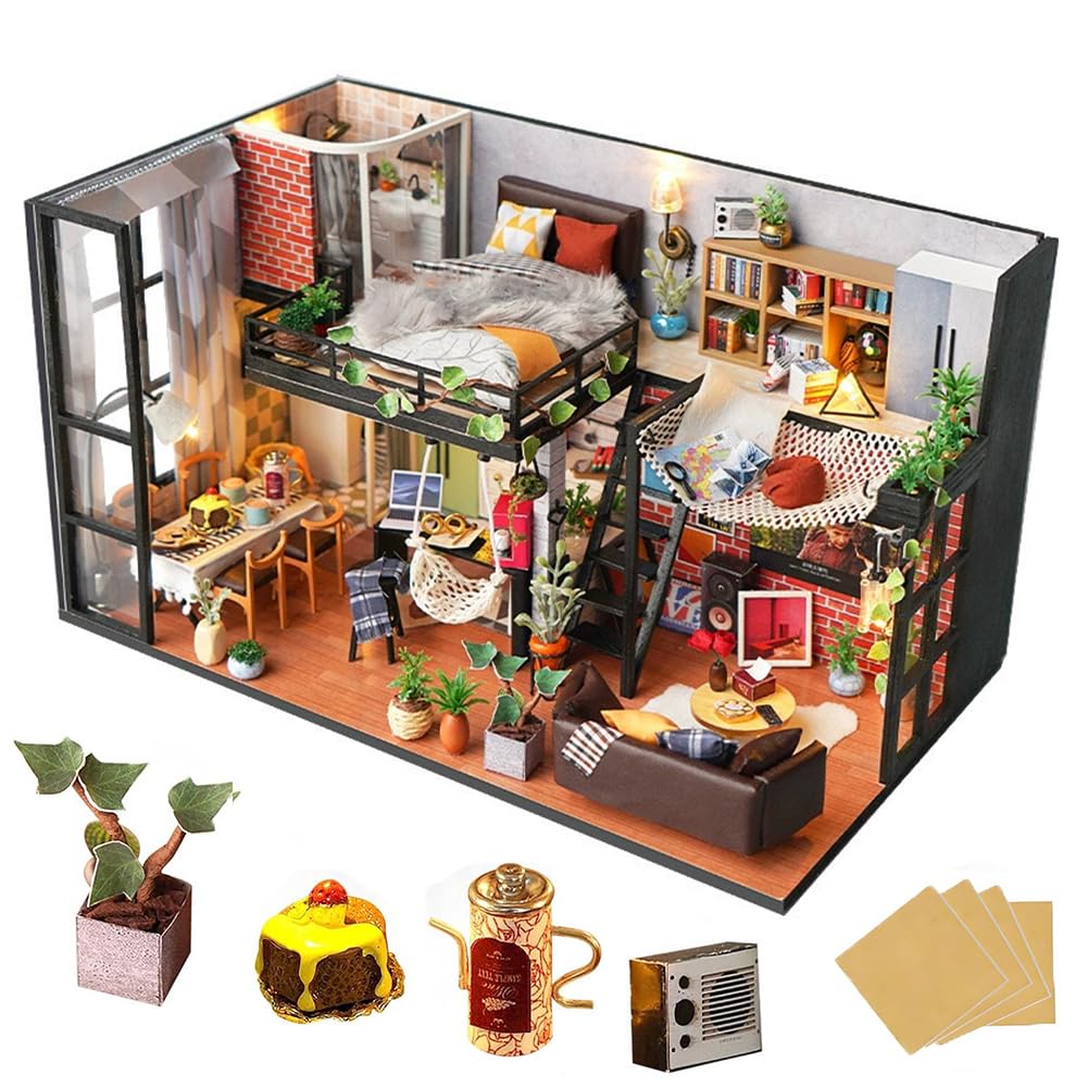 Kit fai da te in miniatura per casa delle bambole con copertura antipolvere, kit fai da te per casa delle bambole in legno per stanza creativa, mini kit di costruzione per adulti