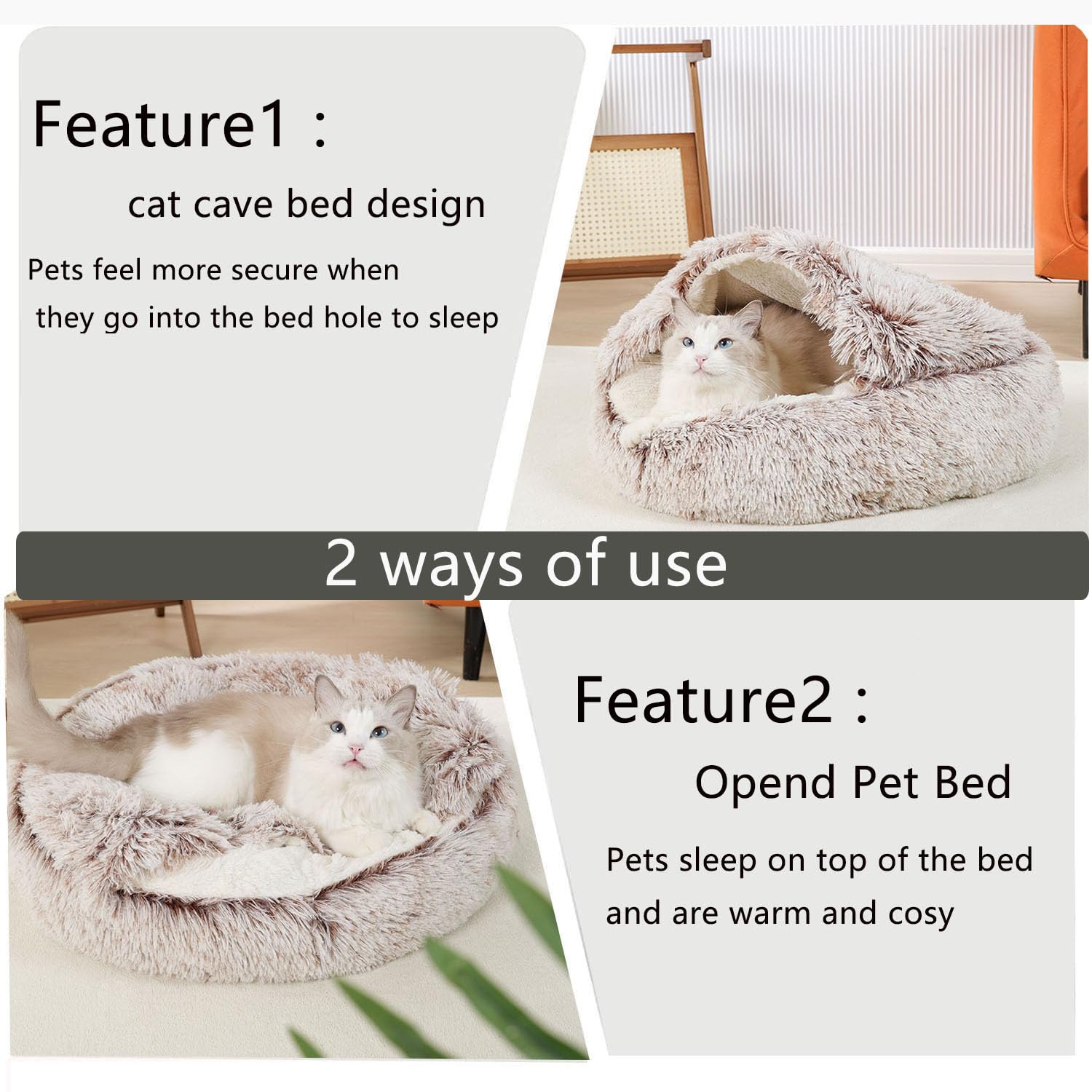 Cat Beds for Indoor Cats Cave & Calming Dog Beds, Non-Slip Washable Round Donut Cat Bed, Cozy Pet Beds for Small Dogs, Large Cats, Medium-Sized Dogs,Warm Funny Fuzzy Dog Bed 24inch, Coffee