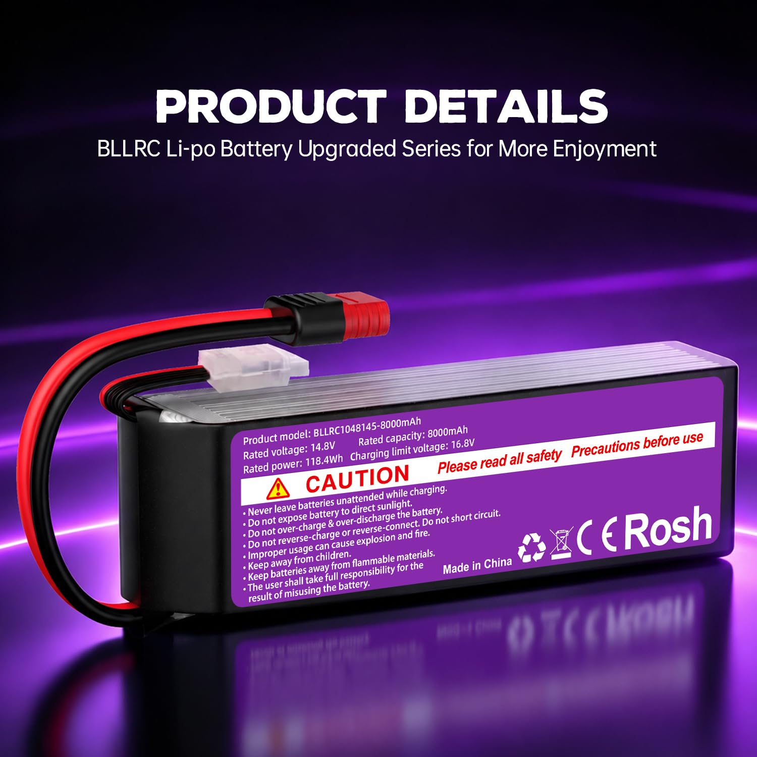 Batteria al litio 4S da 14.8V, 80C, 8000mAh con connettore a T, adatta per auto RC, camion, veicoli fuoristrada, quadricotteri, droni per fotografia aerea, aeroplani RC ed elicotteri RC