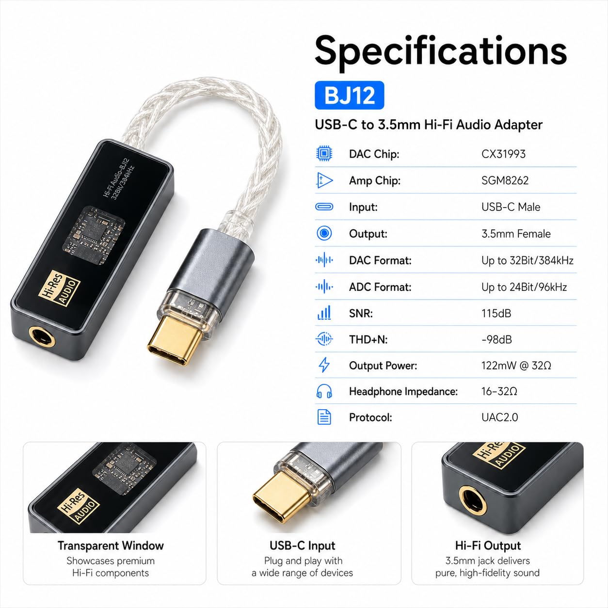 DANBES-BJ12/Small Tail Digital Decoder Amp/HiFi Audio Lossless Type-C Adapter/3.5 Conversion of Digital Audio to Analog Format