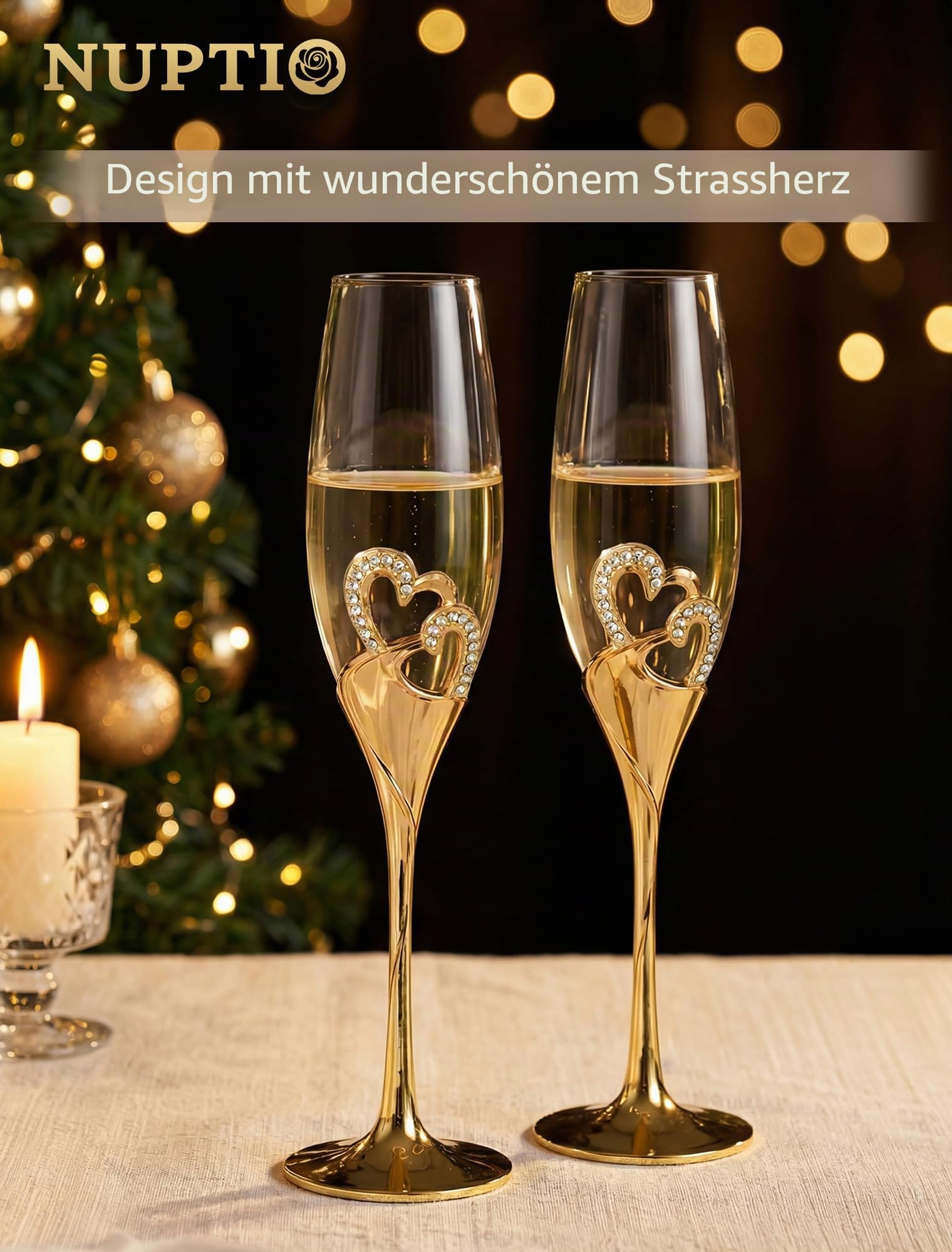 NUPTIO Sektgläser Hochzeit Kristall mit Holzschatulle, für Brautpaar | 2 Stück Personalisiert Gold Champagnergläser Hochzeitsgeschenke für Verlobung, Jubiläum, Hochzeit