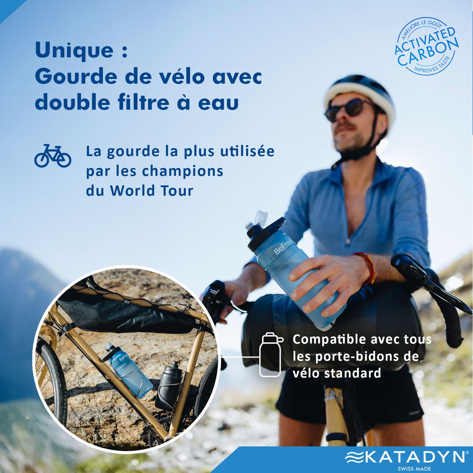 Katadyn BeFree AC Bottle Gourde filtrante à eau ultra légère pour l'extérieur, fibre creuse charbon actif, camping randonnée trekking voyage, filtration portable sans BPA (bleu)