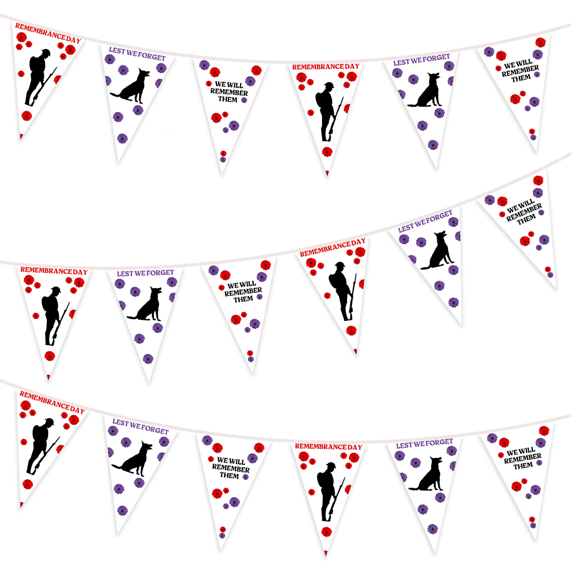 Ryjavk 10m 24Pcs Lest We Forget War Animals Memorial Bunting, Red and Purple Poppy Bunting Remembrance Day Decorations Outdoor - Soldier, Dog, We Will Remember Them