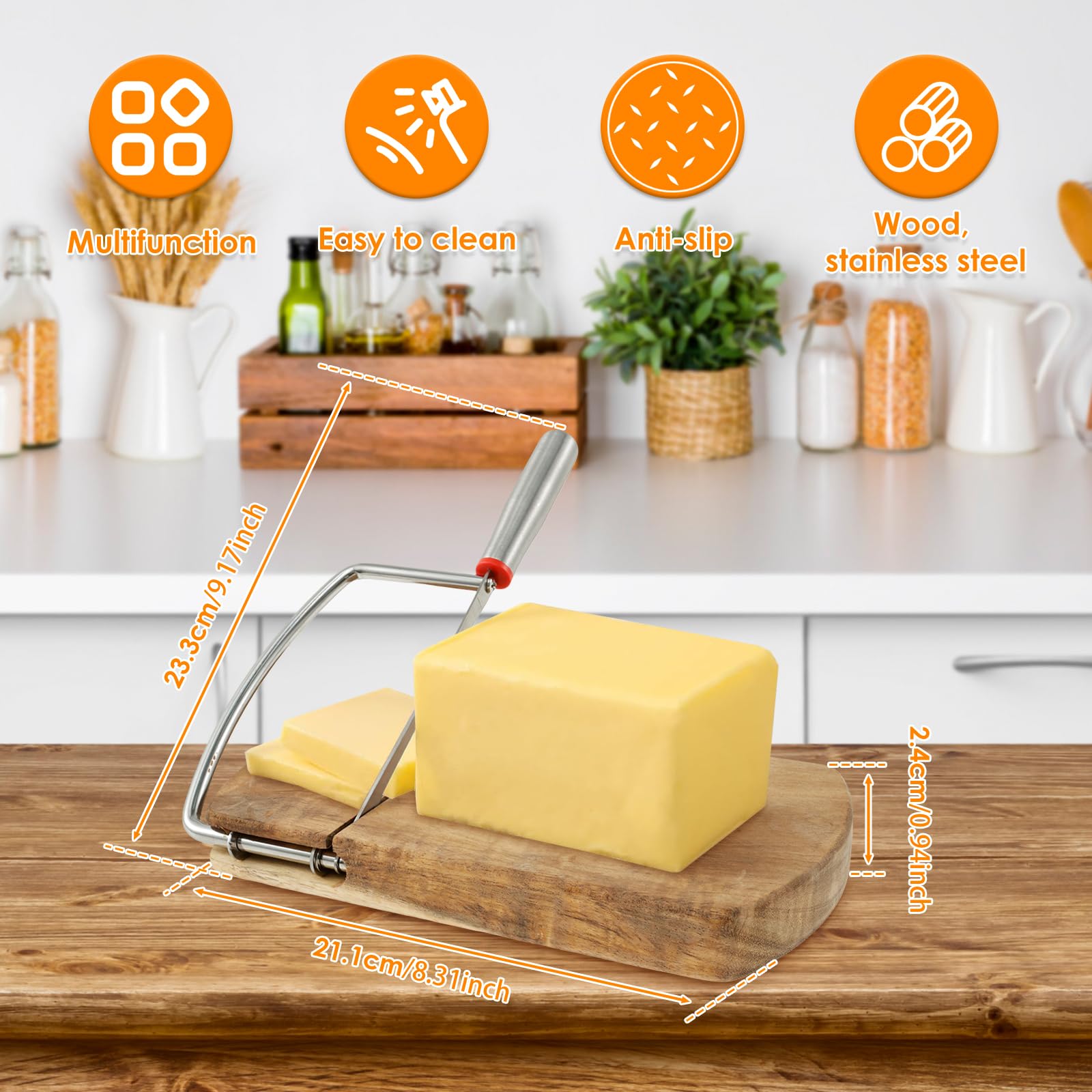 ZJRDYYK Multipurpose Cheese Slicer Cutter with Board, Wooden Cheese Board Cutter, Wooden Cheese Cutters for Block Cheese, Butter Cheese Slicer Cutter for Cheese Sausage Ham Biltong Jerky