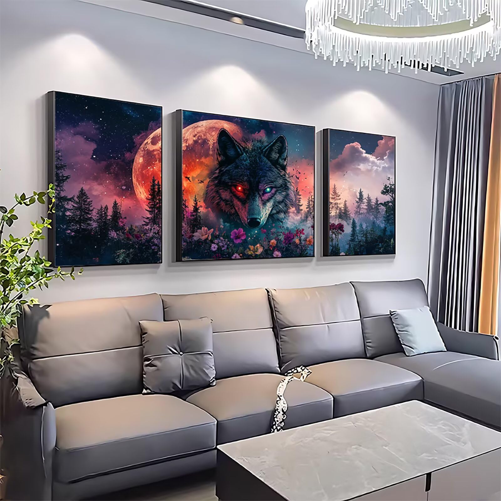 Malowanie według liczb, wilk, malowanie według liczb, 3 sztuki, "zrób to sam", 60 x 120 cm, malowanie według liczb, z pędzlami i farbą akrylową, zestaw do majsterkowania dla dorosłych, do dekoracji